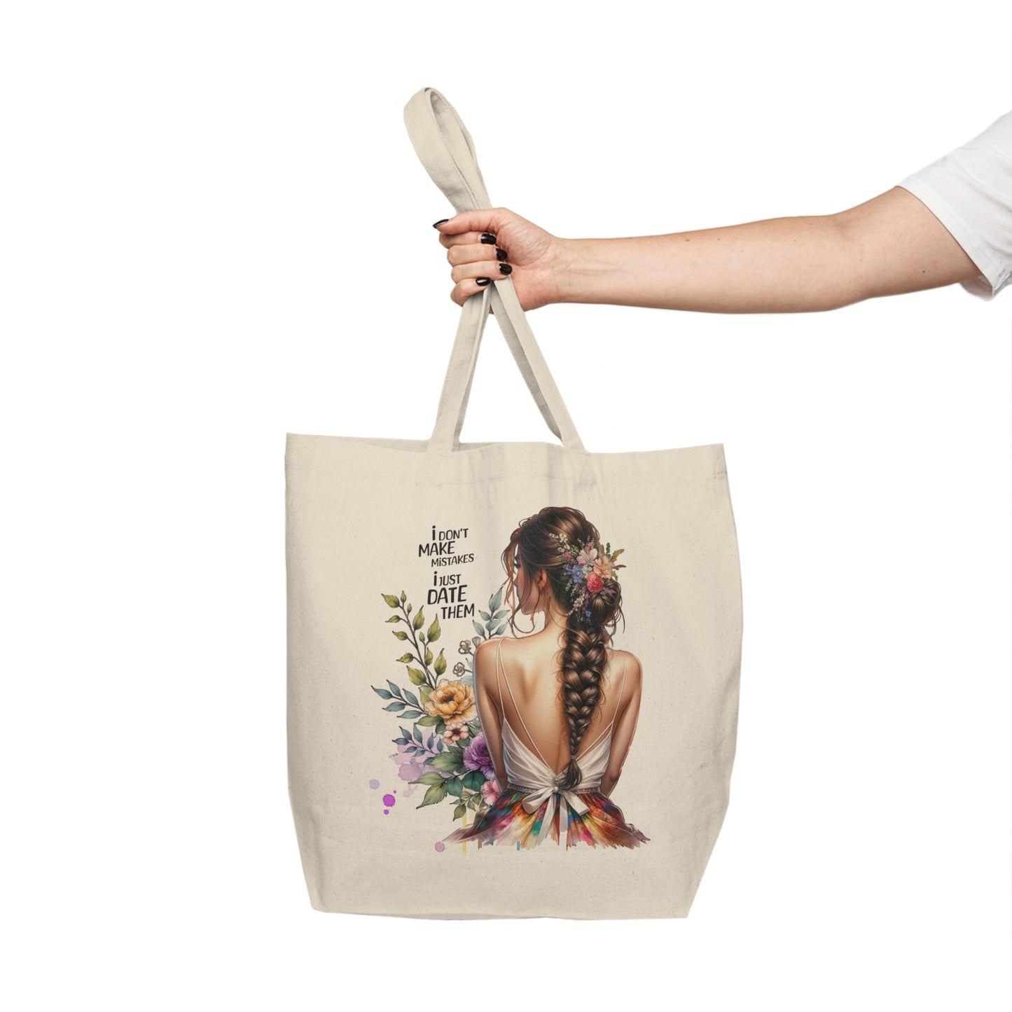 I Don`t Make Mistakes, I Just Date Them Bohemian Floral Canvas Tote Bag, Eco-friendly Shopping Bag, Gift for Her, Beach or Grocery Tote, Unique Art Tote