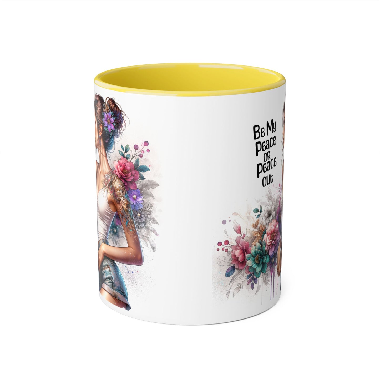 Be My Peace or Peace Out Bohemian Floral Accent Mug - Inspirational Coffee Cup, Gift for Her, Peaceful Vibes, Birthday Present, Home Decor, Artistic Drinkware