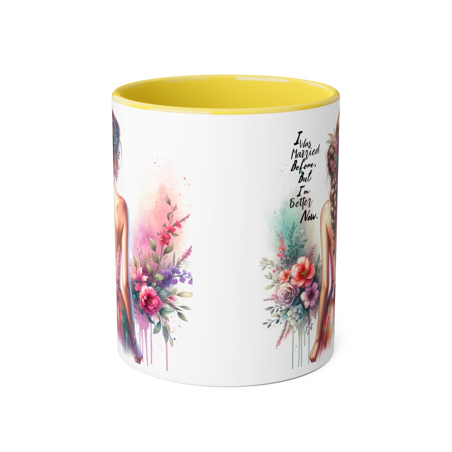 I Was Married Before But I'm Better Now Humoristic Floral Art Accent Mug, Inspirational Coffee Cup, Gift for Her, Boho Decor, Tea Lover's Delight
