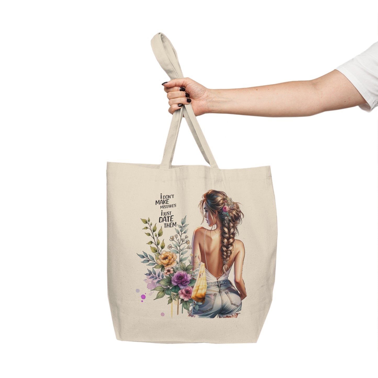 I Don`t Make Mistakes, I Just Date Them Floral Illustration Canvas Tote Bag, Eco-Friendly Shopping Bag, Cute Beach Bag, Gift for Her, Everyday Carry-All