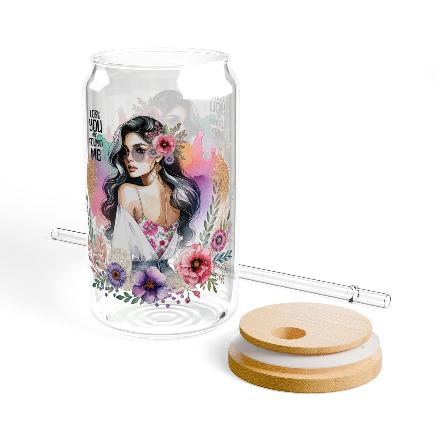 Lost You and Found Me Boho Floral Sipper Glass with Straw, 16oz, Art Glass Drinkware for Home & Parties, Vibrant Floral Design, Gift for Her, Summer Vibes