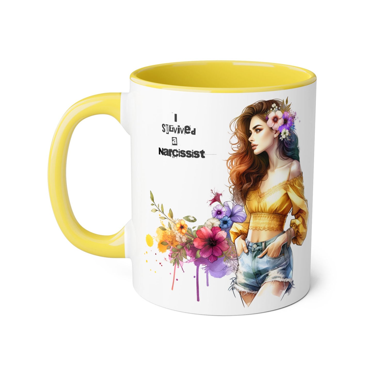 Empowering Accent Mug, Flower Art Coffee Cup, I Survived a Narcissist, Gift for Her, Inspirational Tea Mug, Self-Care