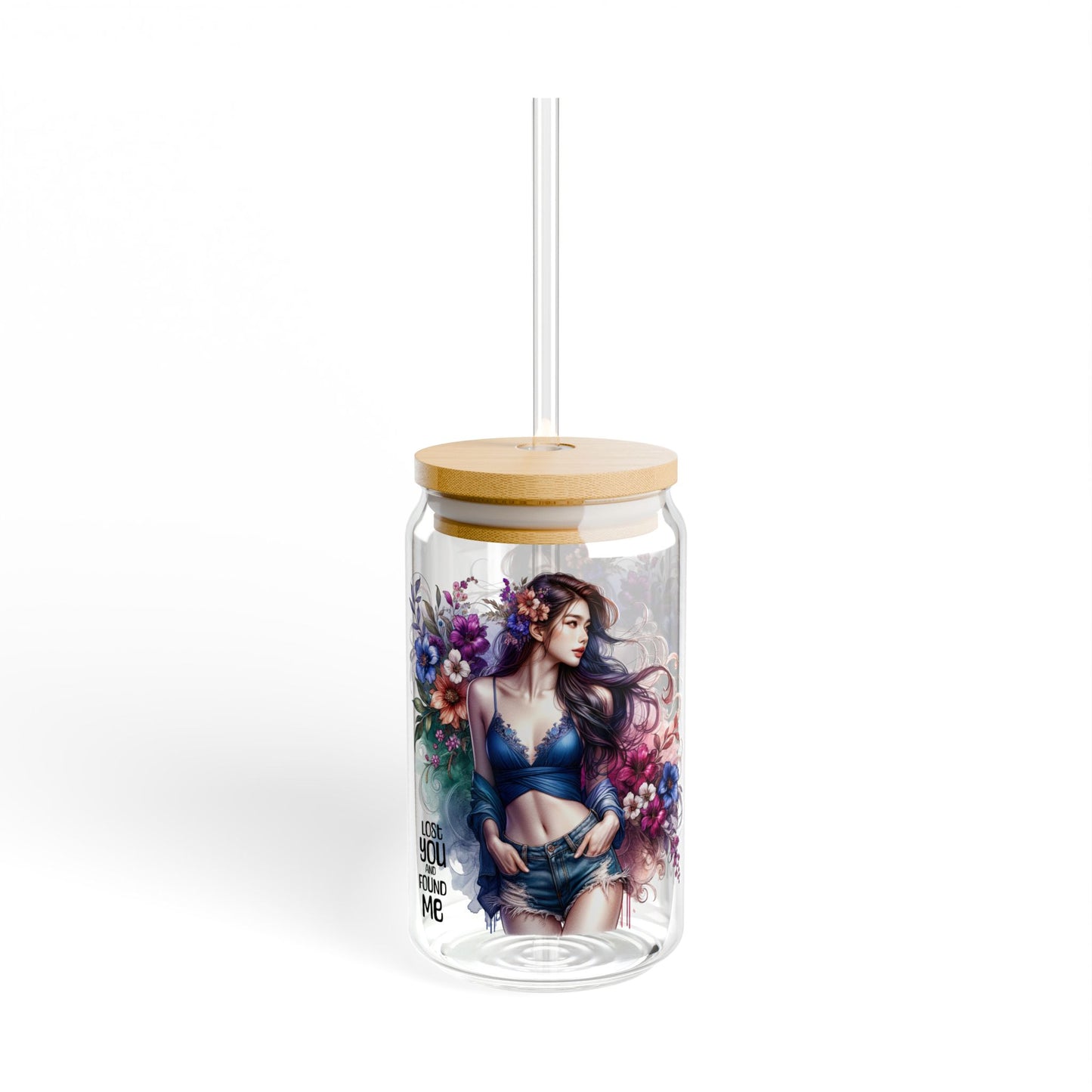 Lost You and Found Me Artistic Sipper Glass, Floral Glass Cup with Straw, Unique Drinkware, Gift for Her, Fun Summer Drinkware