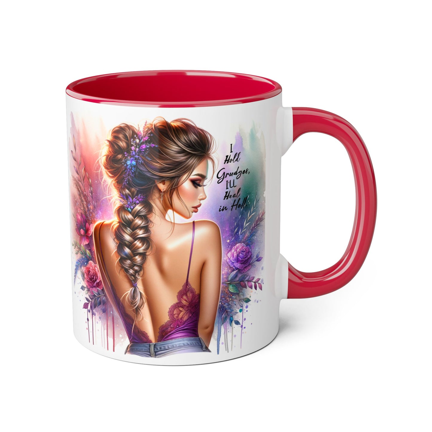 I Hold Grudges, I'll Heal in Hell Artistic Black Accent Mug, Inspirational Coffee Cup, Unique Gift for Her, Flower Design Tea Mug, Stylish Drinkware for Every Occasion