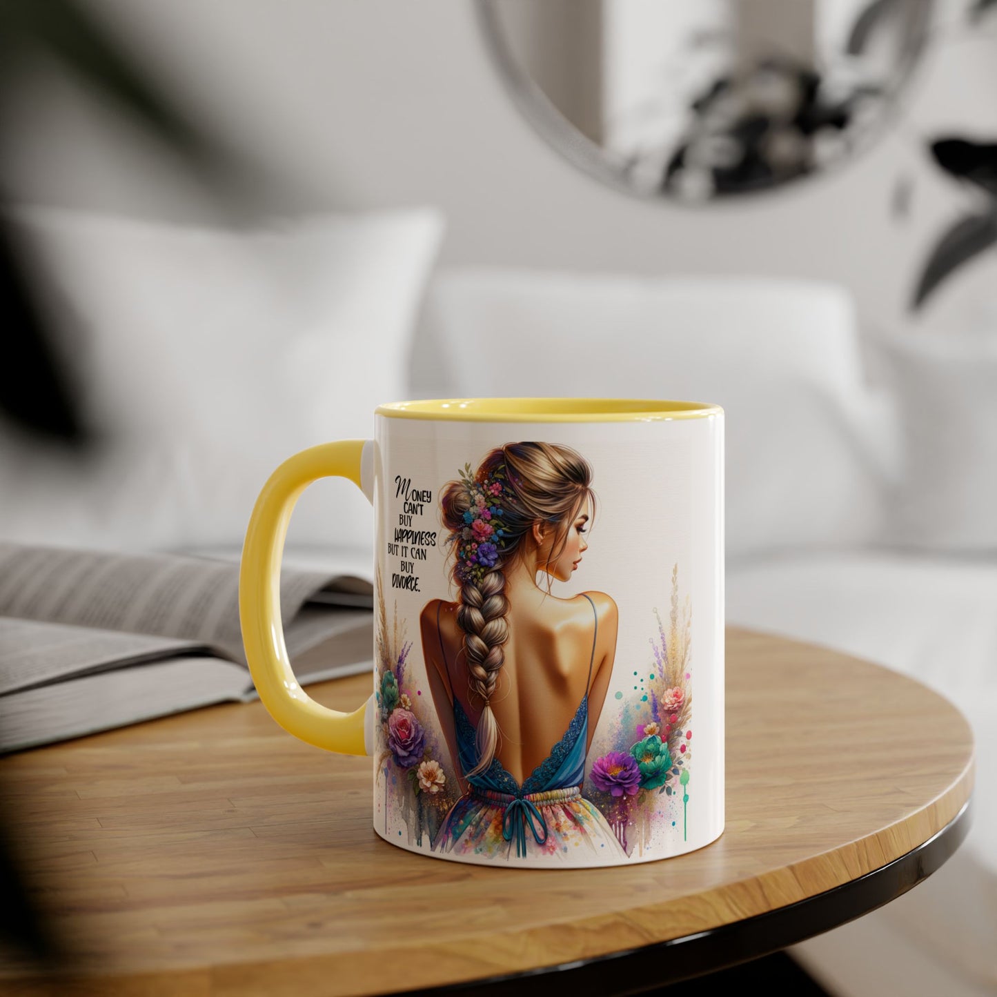 Money Can't Buy Happiness But It Can Buy Divorce Humoristic Empowering Accent Mugs | Inspirational Gift for Women | Unique Coffee Mug | Floral Design | Self-Care Reminder | Motivational Quote