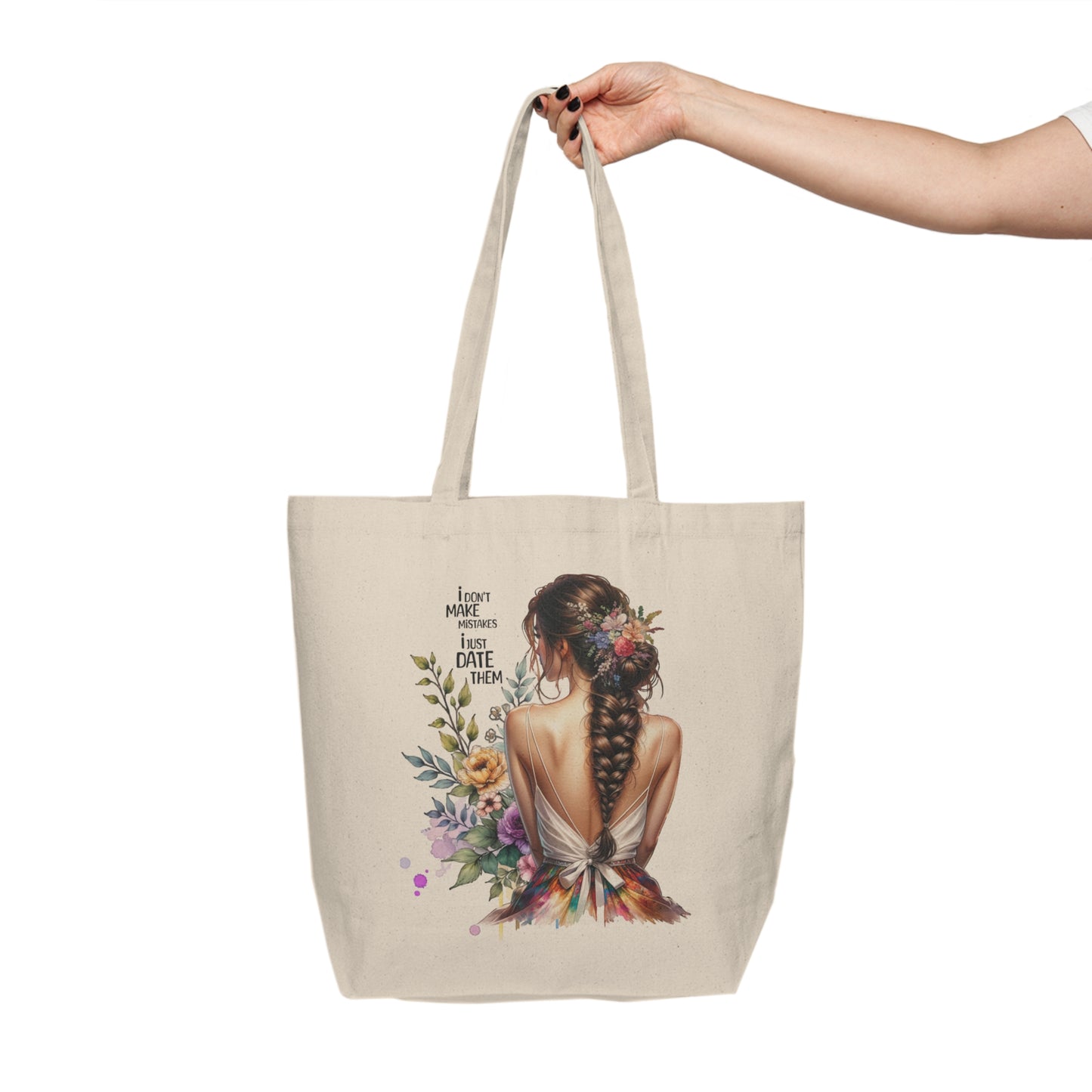 I Don`t Make Mistakes, I Just Date Them Bohemian Floral Canvas Tote Bag, Eco-friendly Shopping Bag, Gift for Her, Beach or Grocery Tote, Unique Art Tote