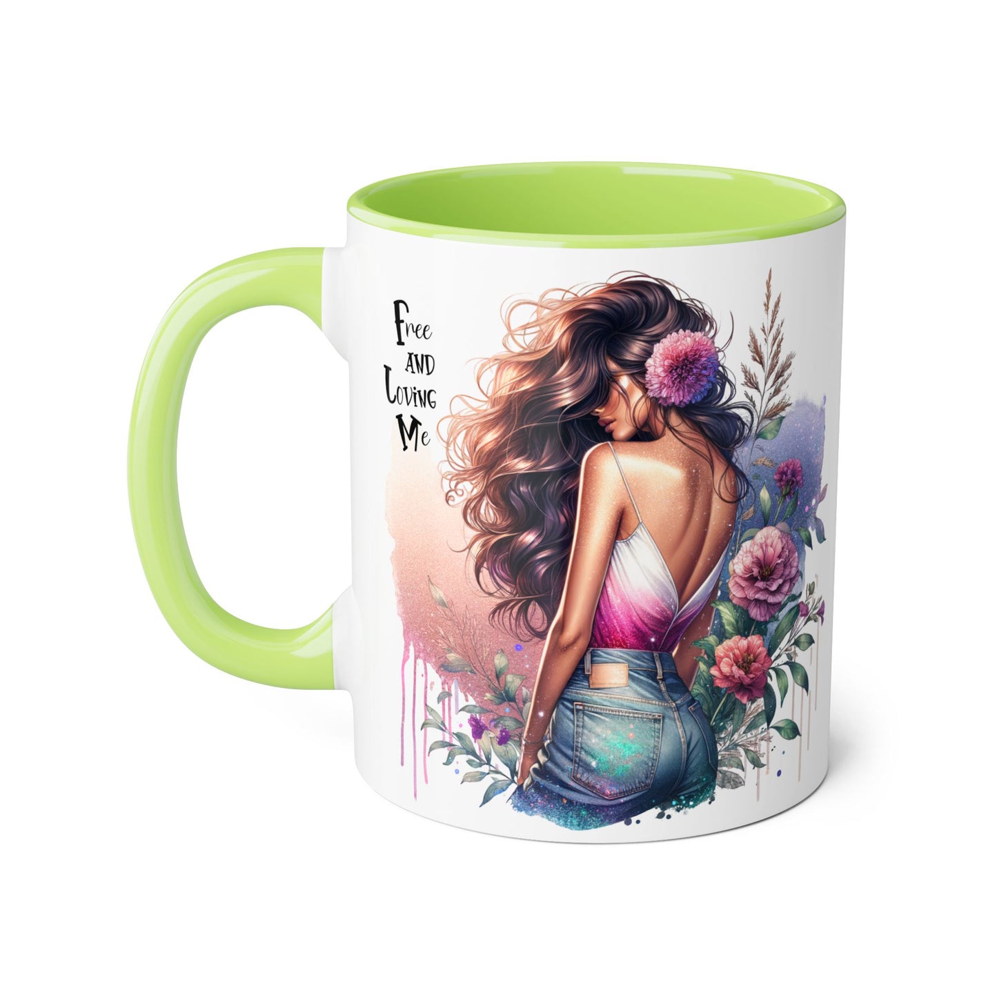 Free and Loving Me Boho Floral Accent Mug, 11oz Coffee Cup, Inspirational Mug for Women, Gift for Friends, Cozy Home Decor, Self-Love Reminder