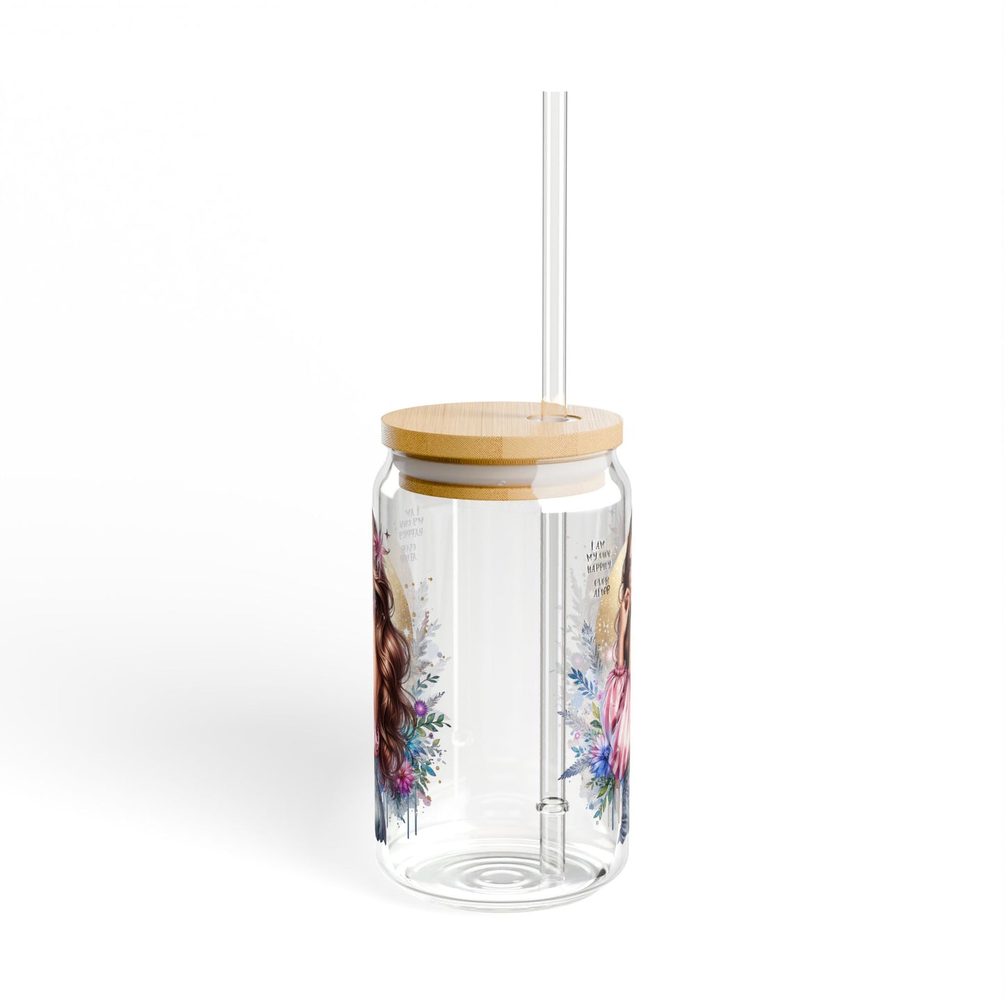 I Am My Own Happily Ever After Artistic Sipper Glass with Straw - 16oz, Personalized Drinkware for Party, Home, Summer, Cute Gift for Her, Floral Design
