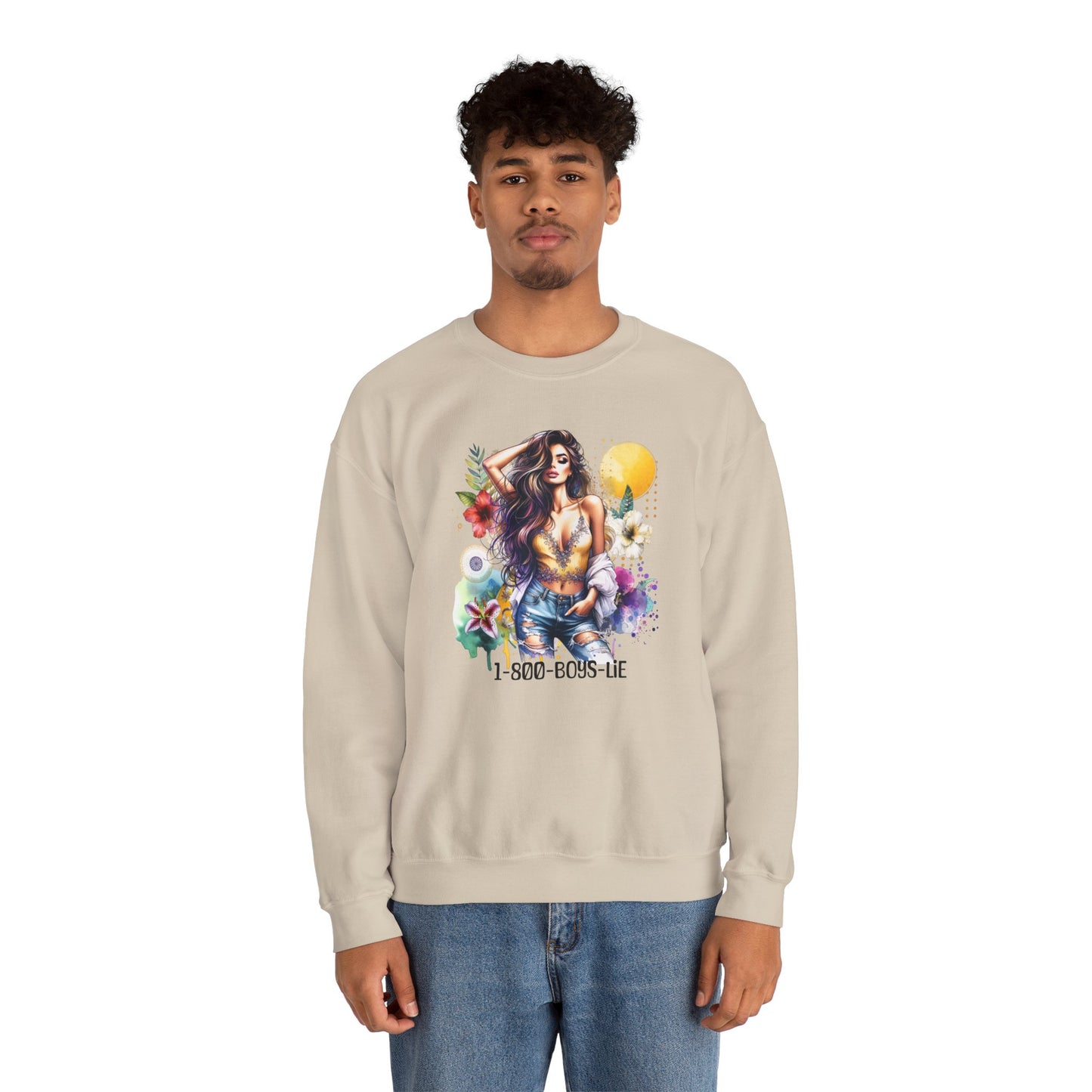 1-800-Boys-Lie Boho Chic Crewneck Sweatshirt with Floral Design, Unisex Gift, Self-Love Apparel, Cozy Casual Wear, Perfect for Relaxation