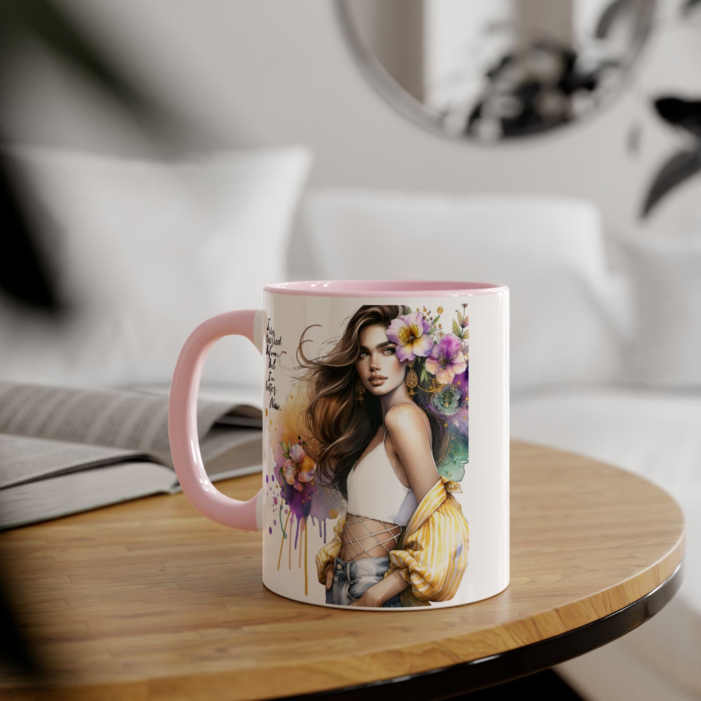 I Was Married Before But I'm Better Now Humoristic Artistic Accent Mug, Coffee Cup for Inspiration, Floral Design, Gift for Friends, Birthday, Home Decor, Motivational Drinkware