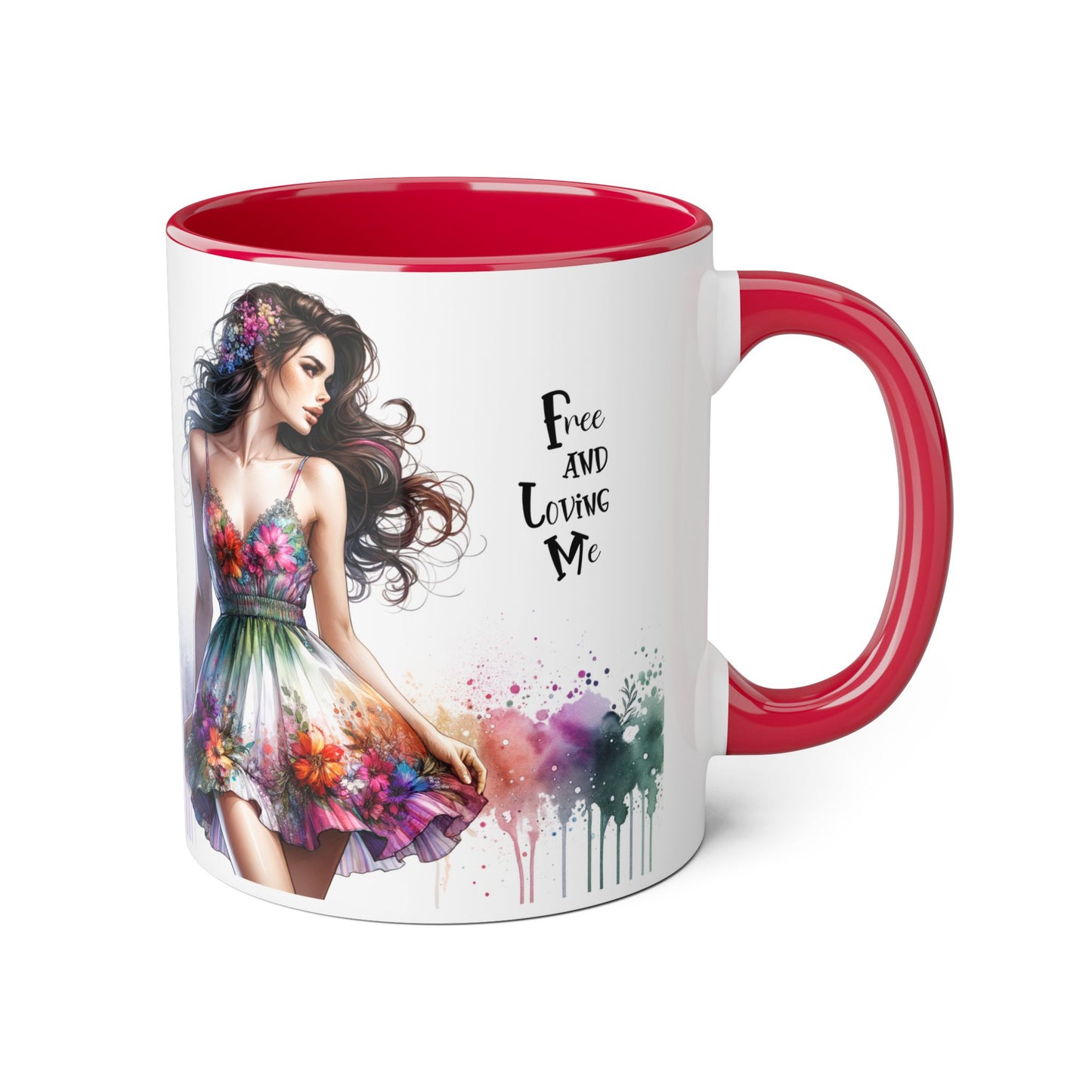 Floral Art Inspirational Coffee Mug, Free and Loving Me, Gift for Her, Colorful Drinkware, Boho Mug, Artistic Tea Cup