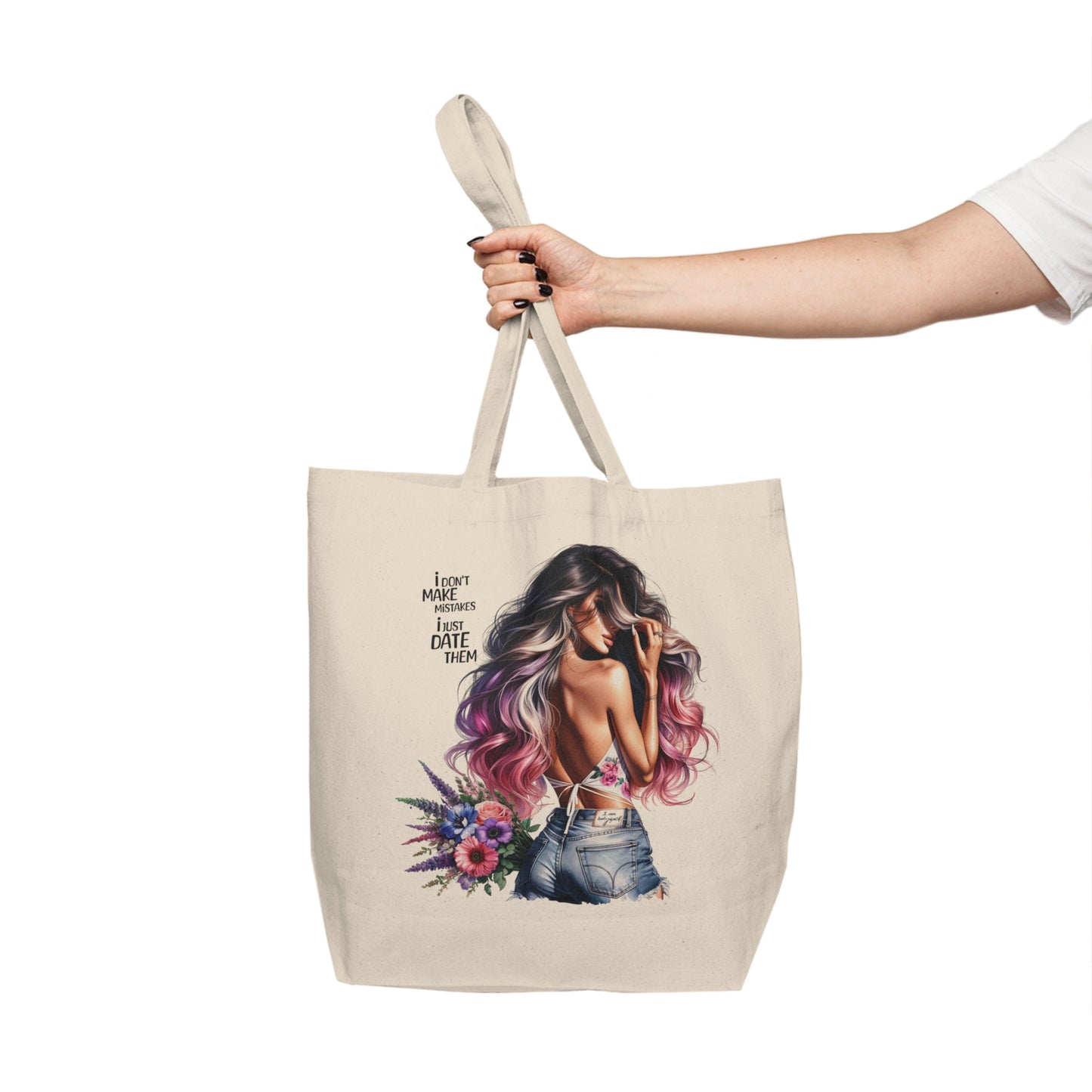 I Don`t Make Mistakes, I Just Date Them Chic Floral Canvas Tote Bag, Boho Style Shopping Bag, Eco-Friendly Tote, Gift for Her, Beach Bag, Everyday Use
