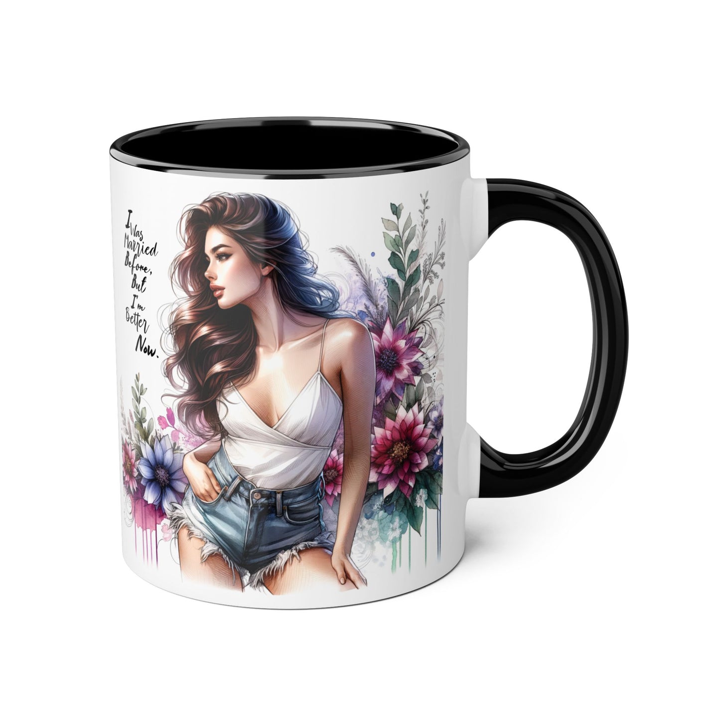 I Was Married Before But I'm Better Now Humoristic Elegant Floral Accent Mug - Inspirational Quote Coffee Cup, Gift for Her, Home Office Decor, Self-Care, Birthday Present