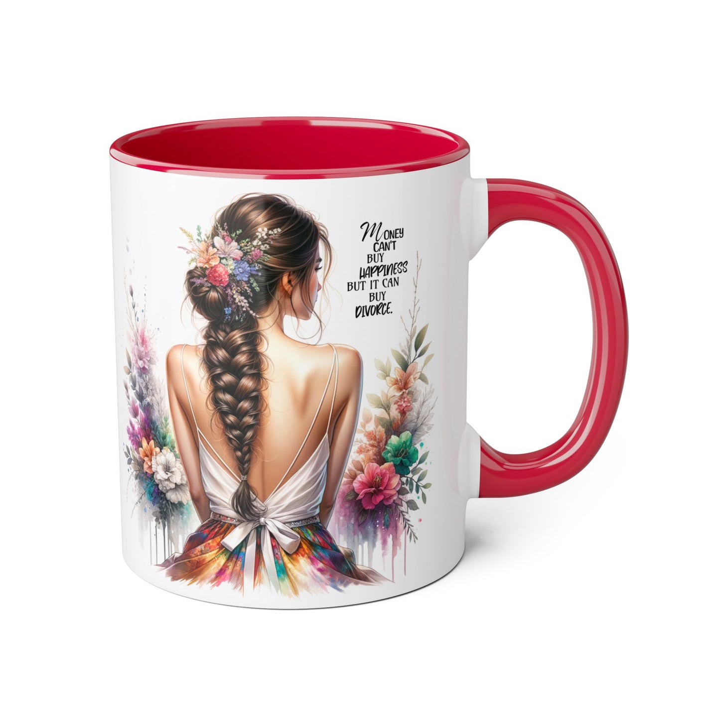 Money Can't Buy Happiness But It Can Buy Divorce Humoristic Inspirational Accent Mug, 11oz Coffee Cup for Women, Gift for Her, Floral Design, Motivational Quote Mug, Birthday Gift