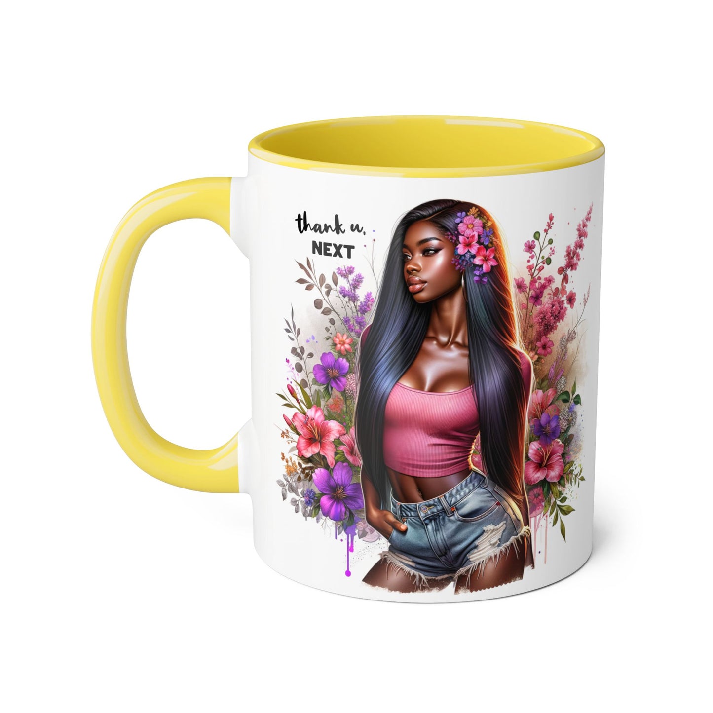 Thank U, Next Floral Accent Mug, Thank U Next Quote, Gift for Her, Coffee Cup, Unique Art, Black Handle Mug