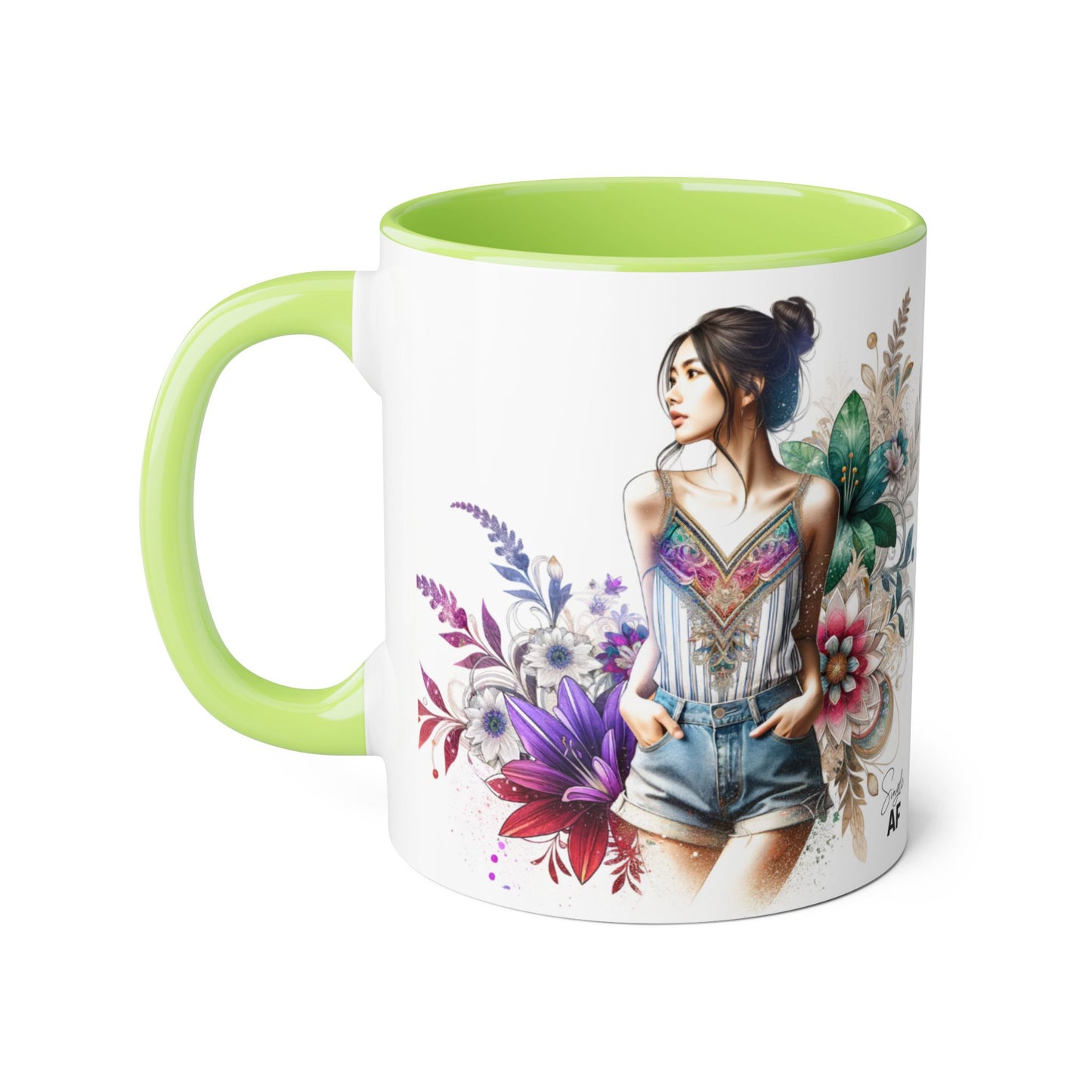 Single AF Boho Flower Accent Mug - Artistic Coffee Cup, Floral Design, Gift for Her, Birthday, Home Decor, Unique Artwork, 11oz