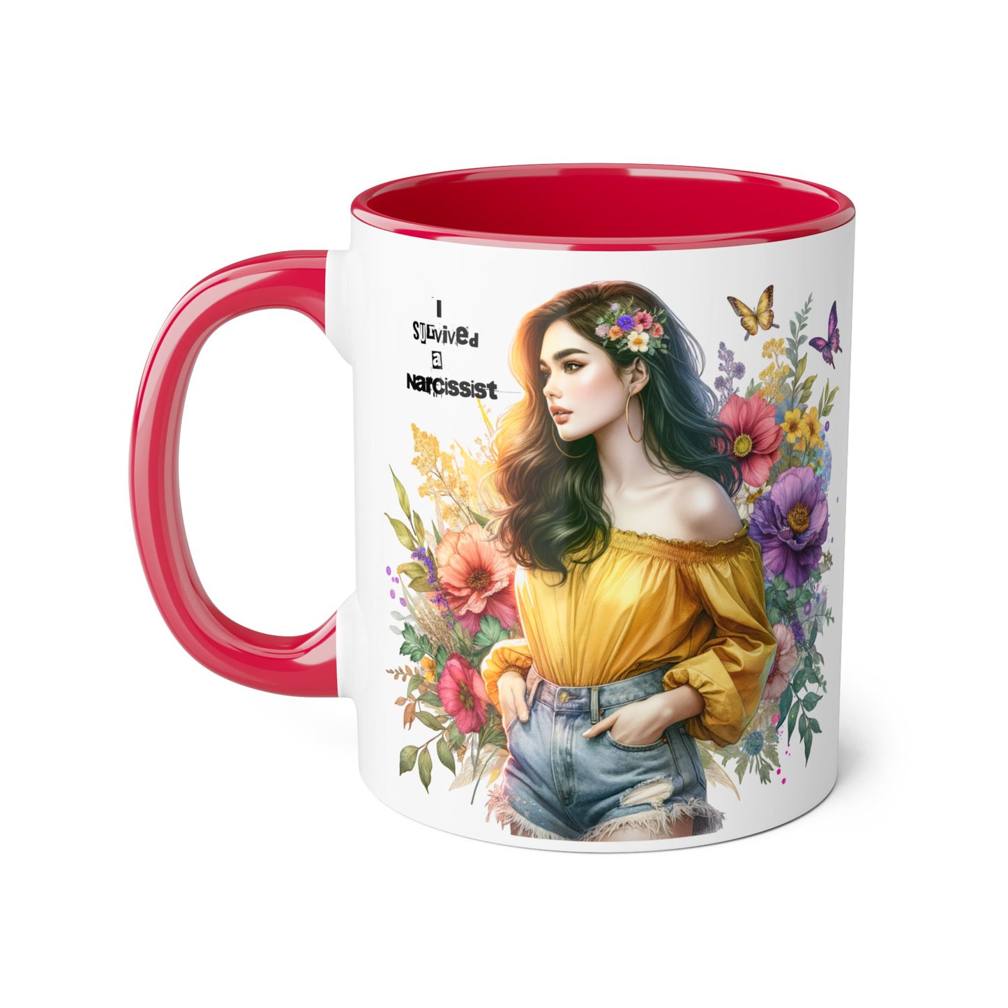 I Survived a Narcissist Chic Floral Accent Mug | Bohemian Coffee Cup, Gift for Her, Narcissist Humor, Home Decor, Artful Drinkware