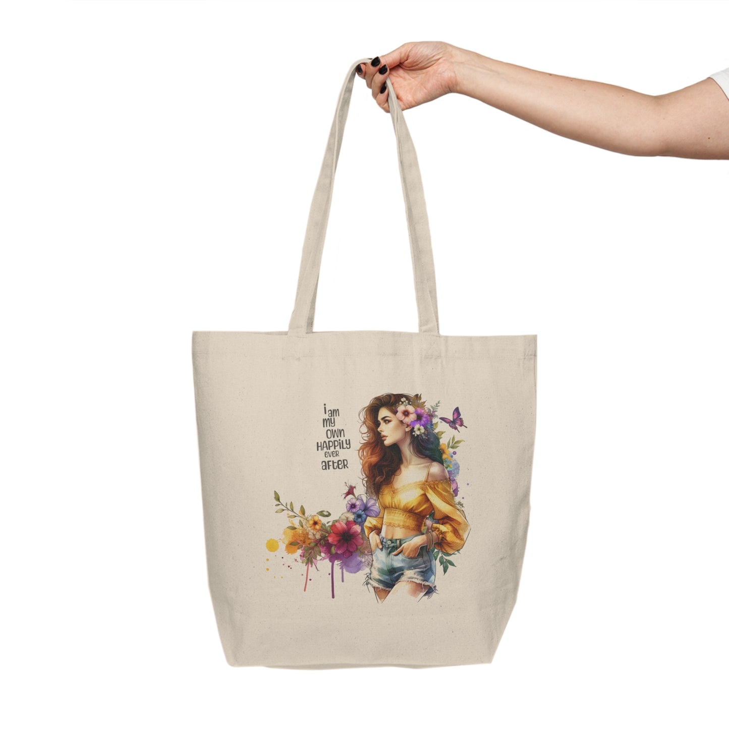I Am My Own Happily Ever After Boho Floral Canvas Tote Bag, Stylish Shopper Tote, Eco-Friendly Grocery Bag, Gift for Her, Summer Market Bag