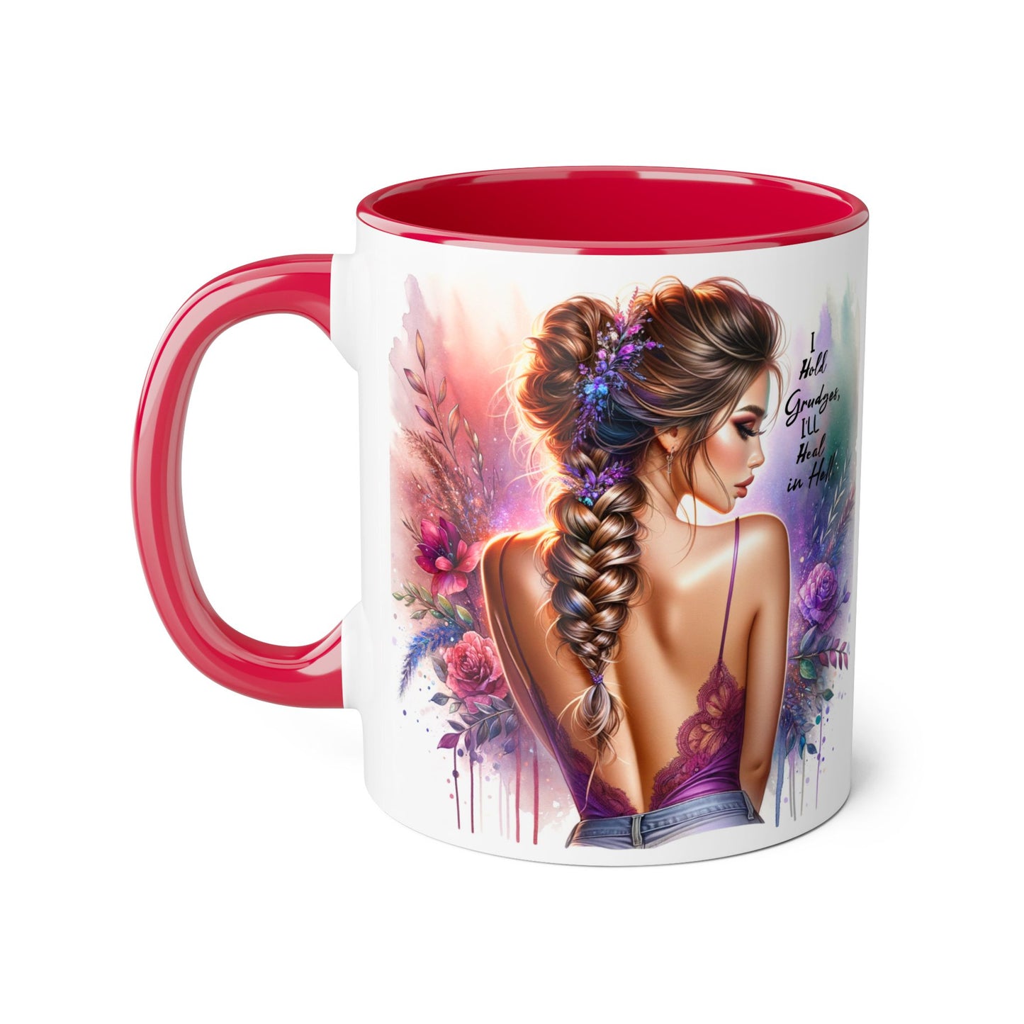 I Hold Grudges, I'll Heal in Hell Artistic Black Accent Mug, Inspirational Coffee Cup, Unique Gift for Her, Flower Design Tea Mug, Stylish Drinkware for Every Occasion