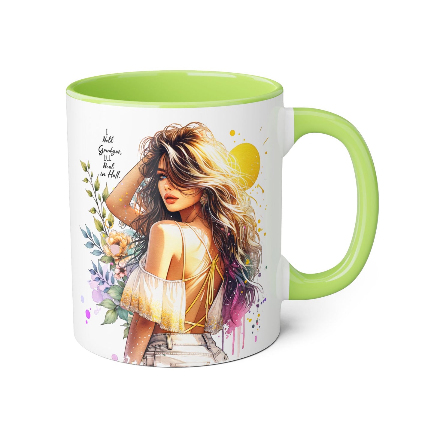 I Hold Grudges, I'll Heal in Hell Humoristic Artistic Accent Mugs, Floral Sunset Mug, Inspirational Coffee Cup, Unique Gift for Her, Bohemian Style Drinkware