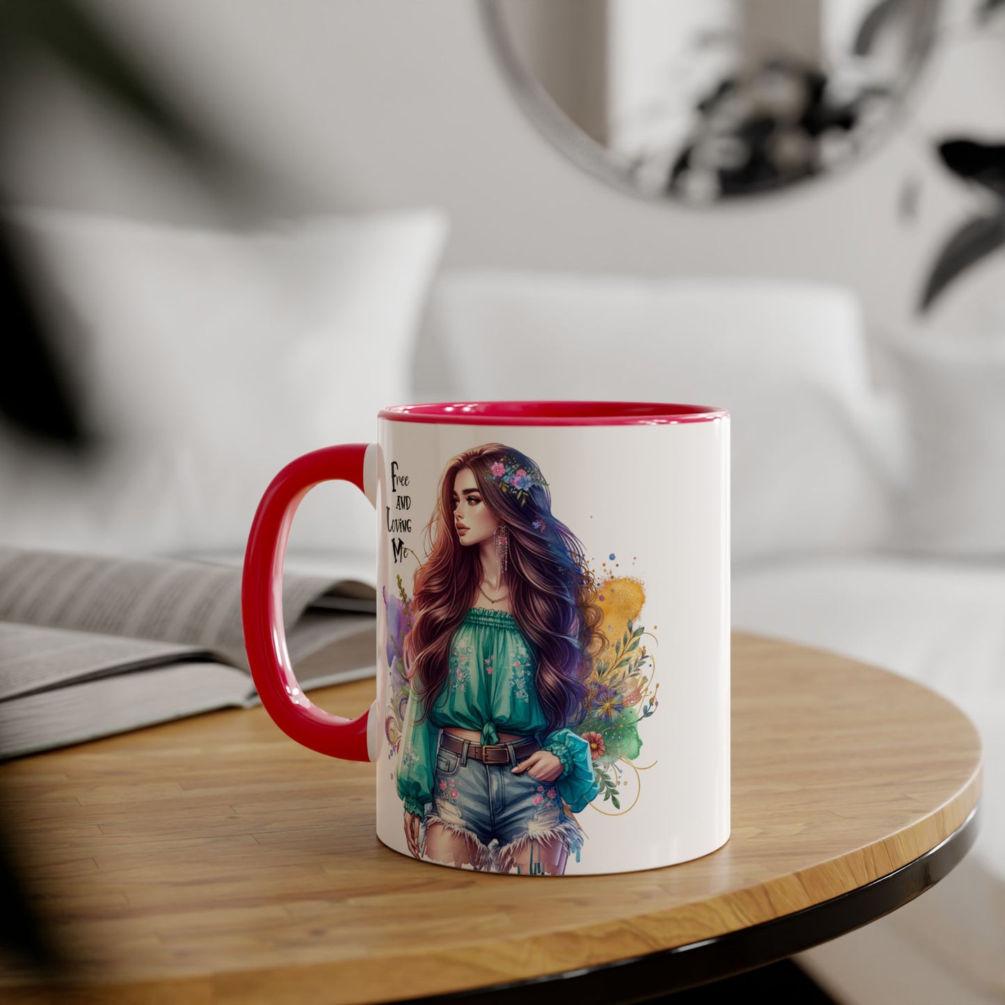 Free and Loving Me Bohemian Accent Mug with Inspirational Quote, Free and Love Me, Unique Gift for Coffee Lovers, Artistic Mugs for Women, Colorful Drinkware