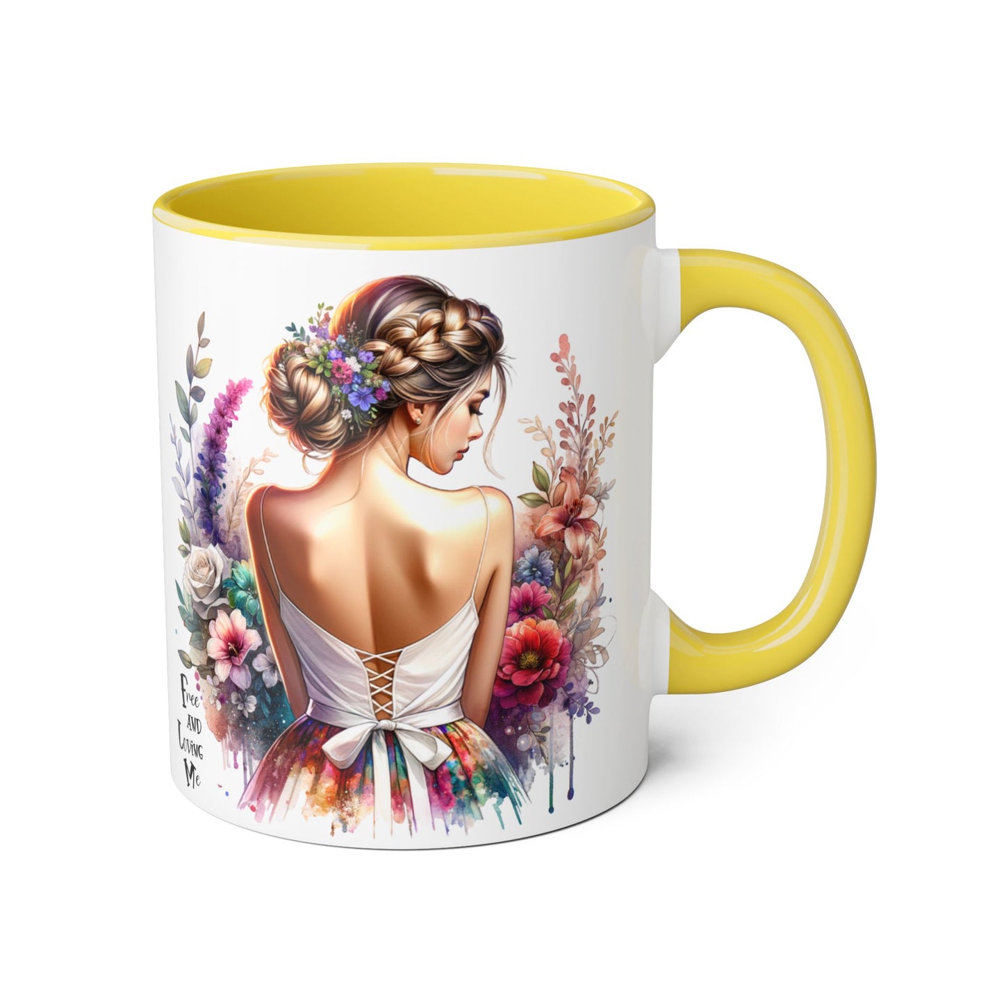 Free and Loving Me Floral Accent Mug, Artistic Coffee Cup, Gift for Mom, Birthday, Mother's Day, Home Decor, Inspirational Mug