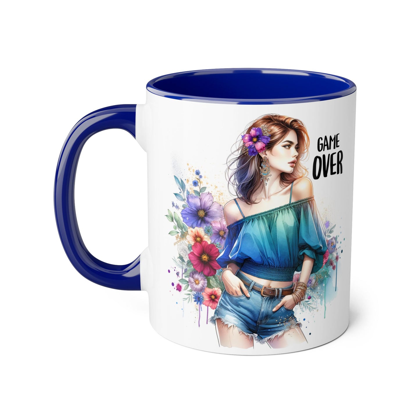 Vibrant Game Over Accent Mug - Floral Design, 11oz Coffee Cup, Unique Gift, for Gamers, Birthday or Everyday Use
