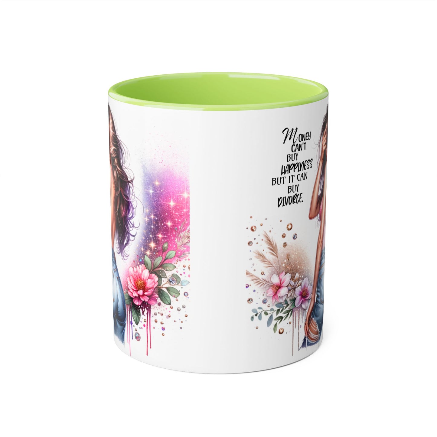 Money Can't Buy Happiness But It Can Buy Divorce Humoristic Stylish Woman's Accent Mug, Empowering Gift for Friends, Inspirational Coffee Cup, Perfect for Birthdays, Relaxing Moments