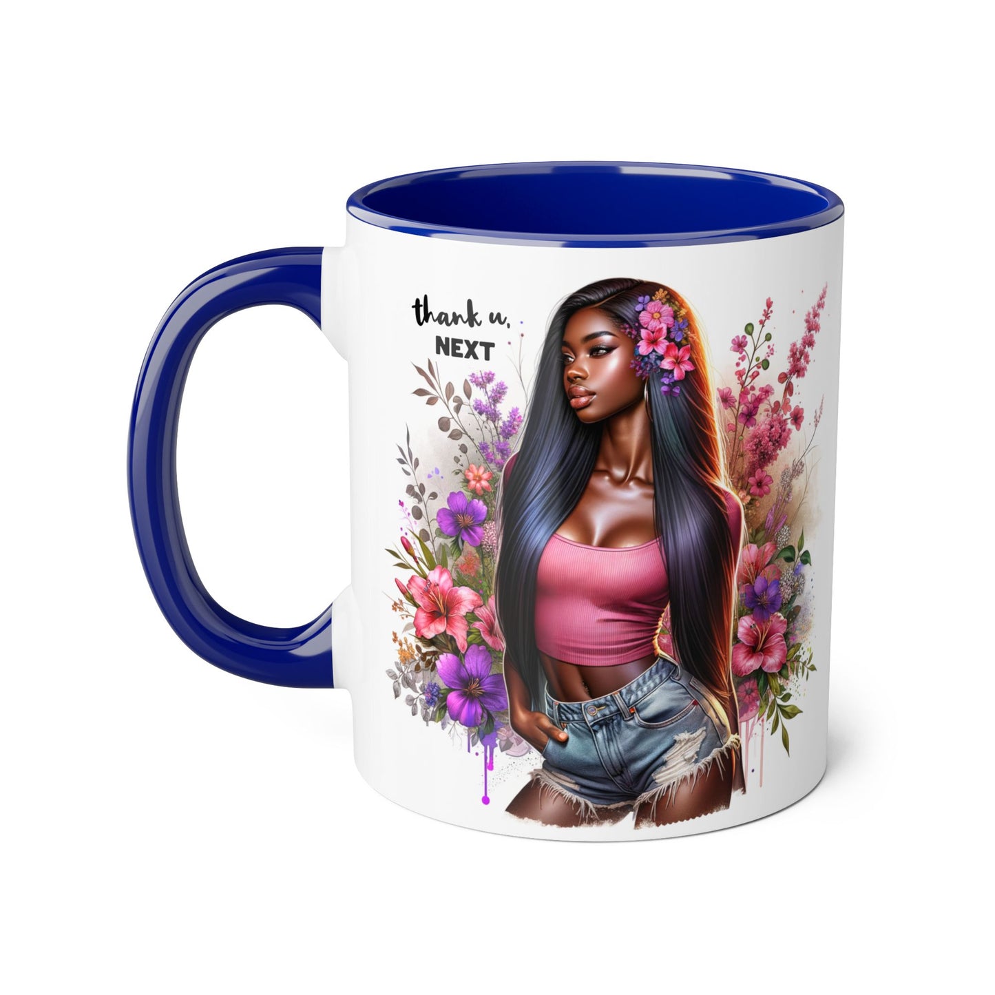 Thank U, Next Floral Accent Mug, Thank U Next Quote, Gift for Her, Coffee Cup, Unique Art, Black Handle Mug