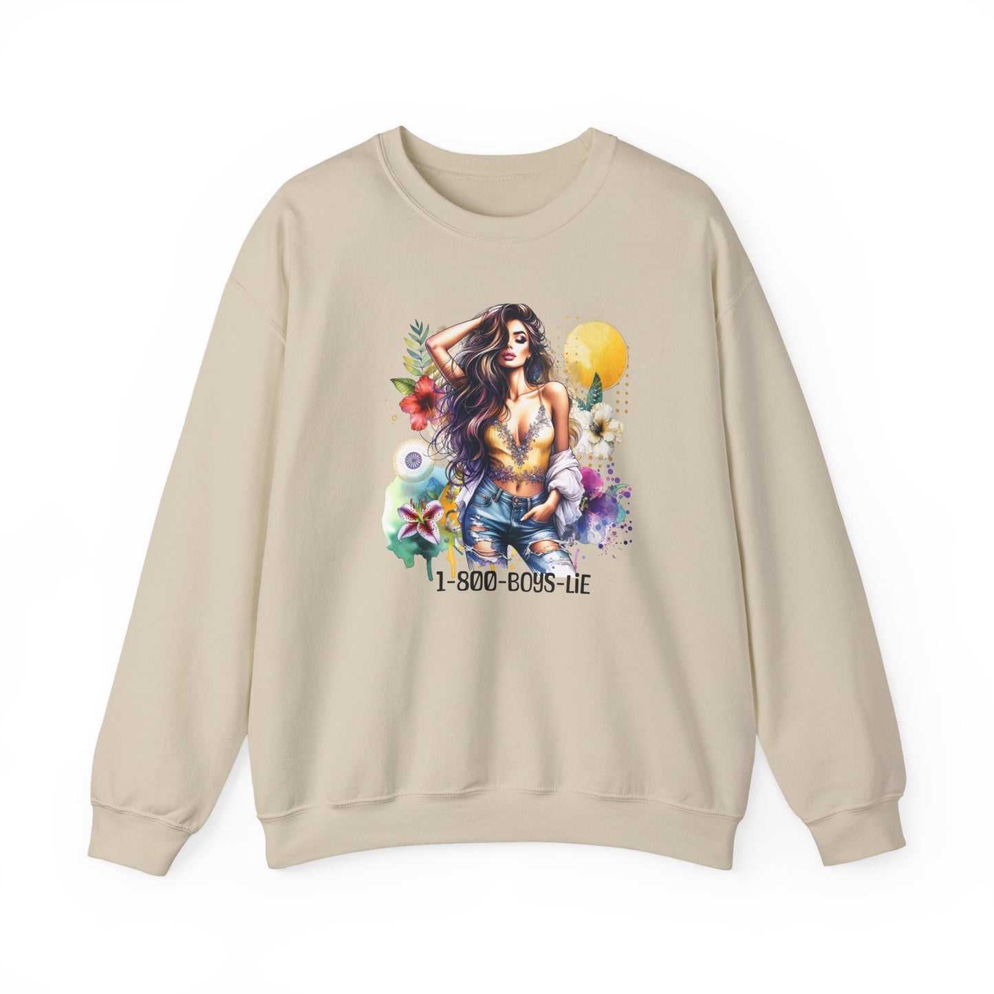 1-800-Boys-Lie Boho Chic Crewneck Sweatshirt with Floral Design, Unisex Gift, Self-Love Apparel, Cozy Casual Wear, Perfect for Relaxation