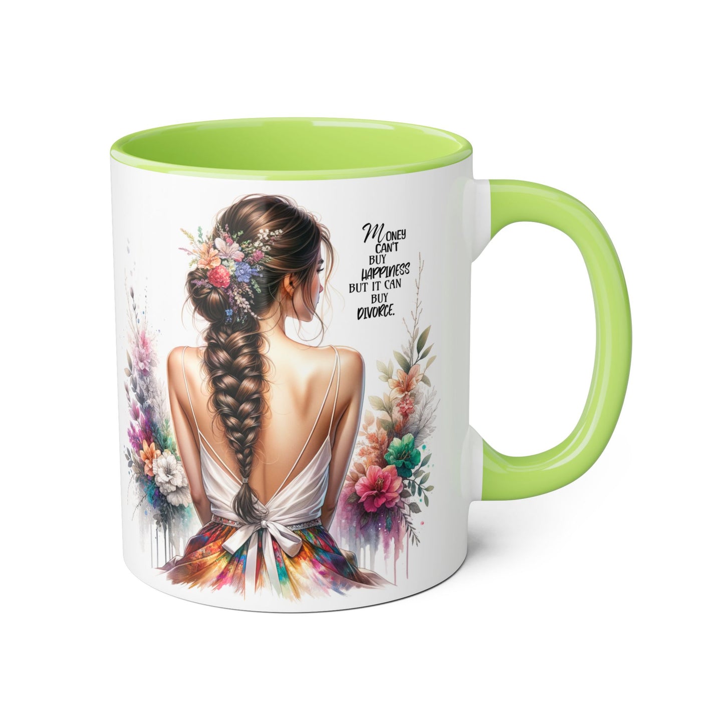 Money Can't Buy Happiness But It Can Buy Divorce Humoristic Inspirational Accent Mug, 11oz Coffee Cup for Women, Gift for Her, Floral Design, Motivational Quote Mug, Birthday Gift