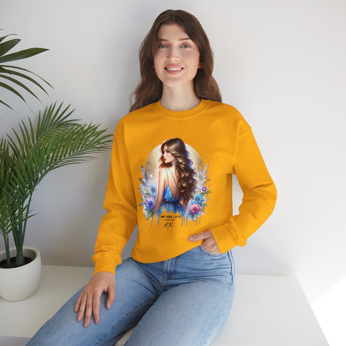 I'm Too Cute For My Ex Artistic Floral Crewneck Sweatshirt with Elegant Woman Design, Cozy Pullover, Gift for Her, Trendy Apparel, Perfect for Everyday Wear
