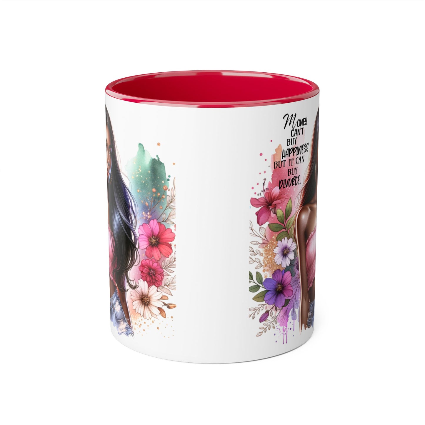 Money Can't Buy Happiness But It Can Buy Divorce Humoristic Empowering Accent Mugs, Motivational Coffee Cup, Inspirational Tea Mug, Unique Gift for Her, Artistic Floral Mug