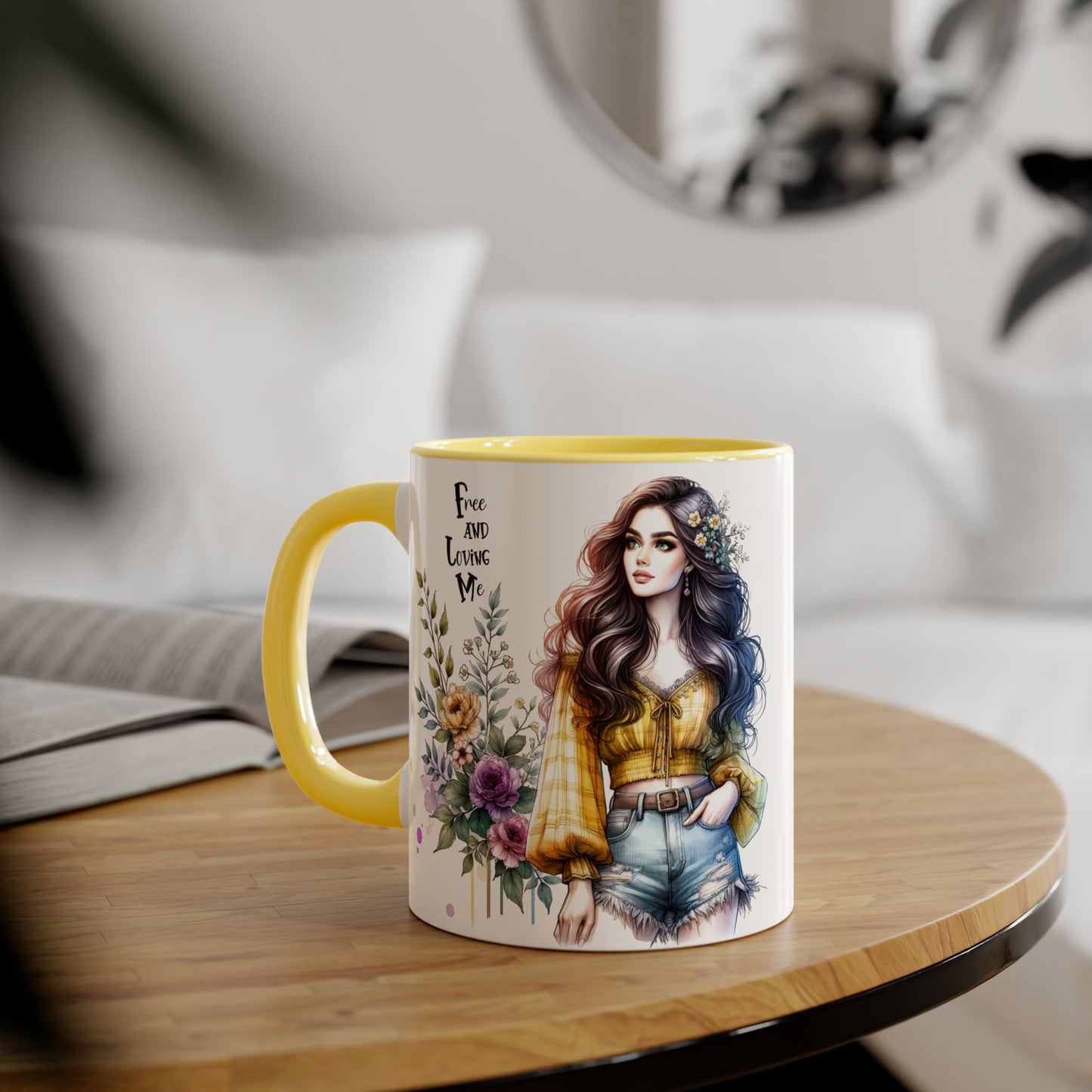 Bohemian Floral Accent Mug, Free and Loving Me Coffee Cup, Gift for Her, Unique Art Mug, Morning Beverage Lover's Gift