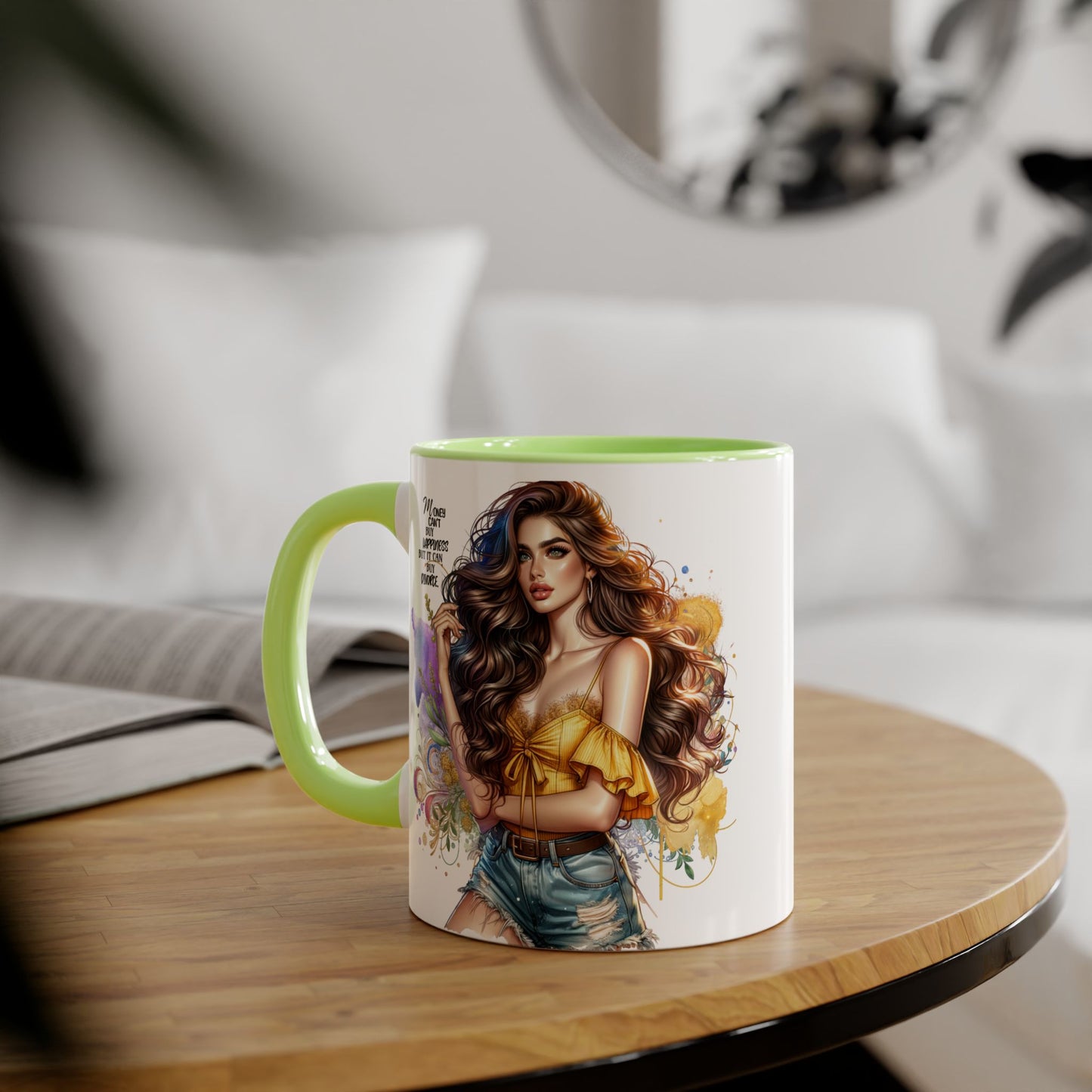 Money Can't Buy Happiness But It Can Buy Divorce Humoristic Empowering Accent Mug, Inspirational Coffee Cup, Artful Drinkware for Self-Care, Perfect Gift for Birthdays, Motivational Decor