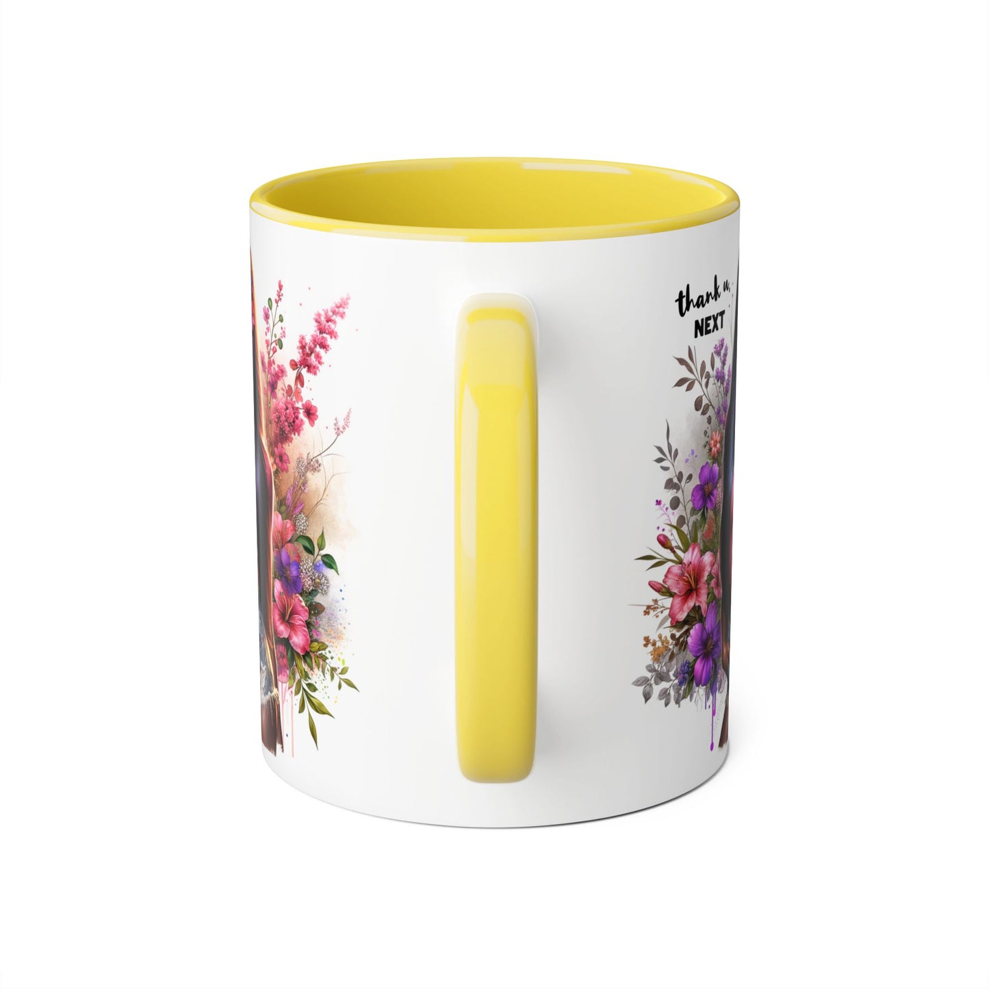 Thank U, Next Floral Accent Mug, Thank U Next Quote, Gift for Her, Coffee Cup, Unique Art, Black Handle Mug