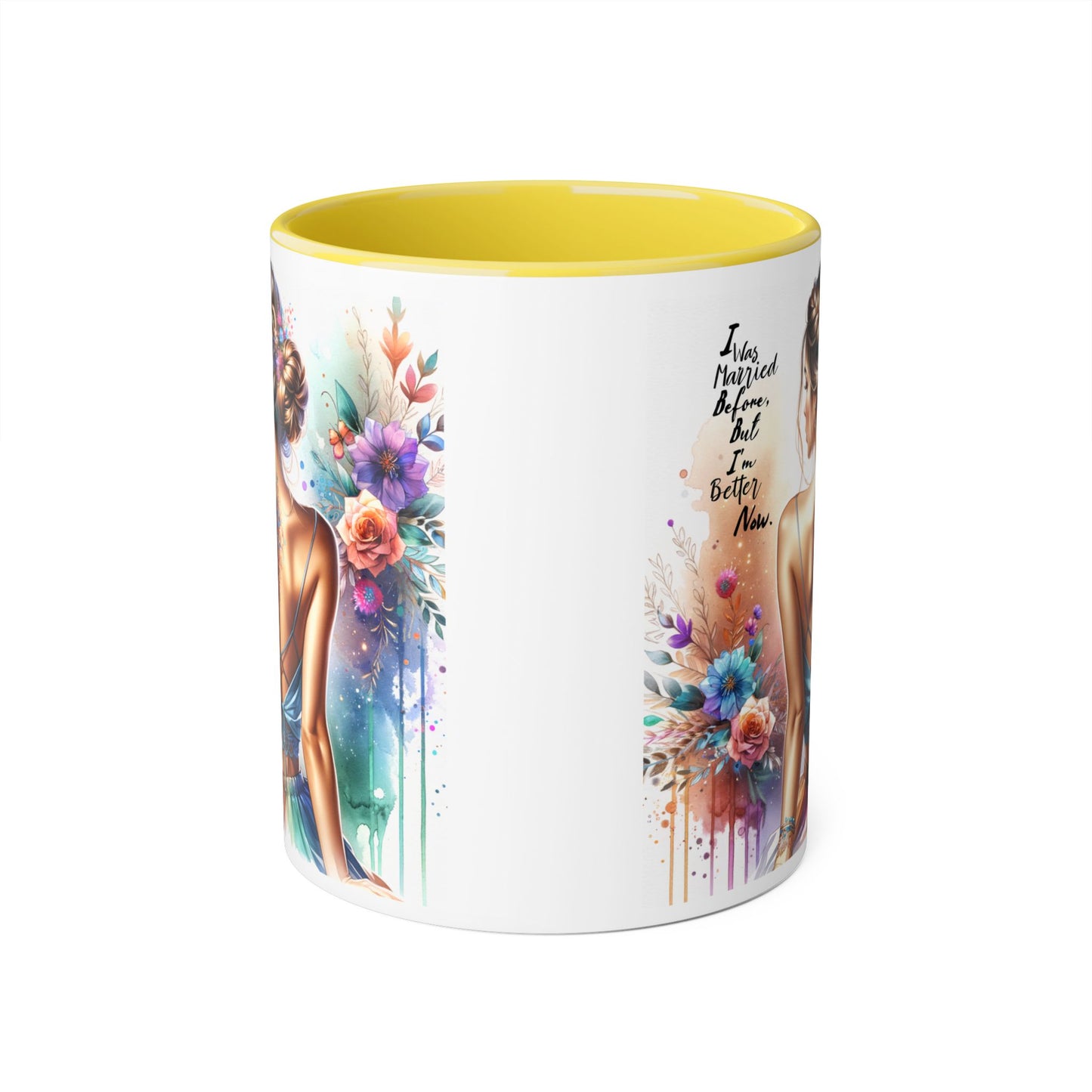 I Was Married Before But I'm Better Now Humoristic Elegant Floral Mug - Inspirational Gift for Her, Coffee Lover, Art Enthusiast, Self-Care Reminder, Unique Home Decor