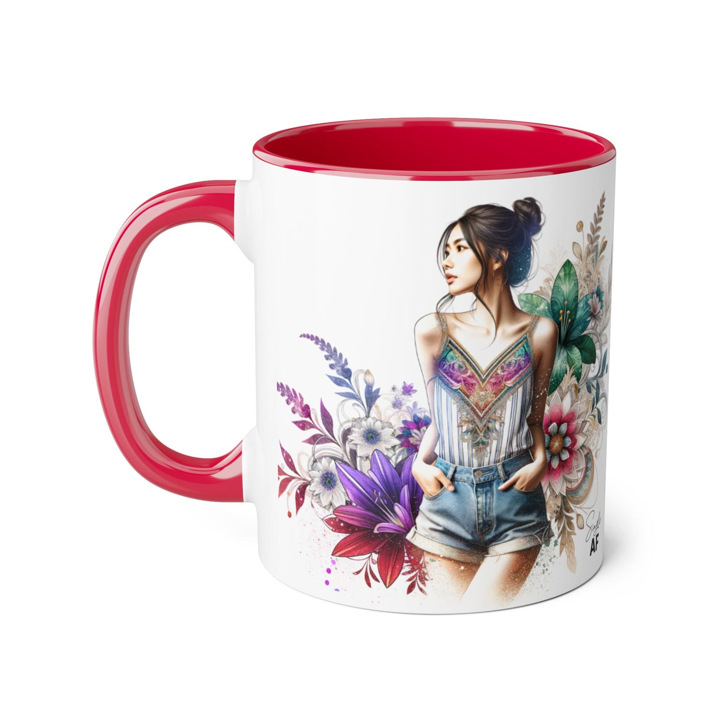 Single AF Boho Flower Accent Mug - Artistic Coffee Cup, Floral Design, Gift for Her, Birthday, Home Decor, Unique Artwork, 11oz