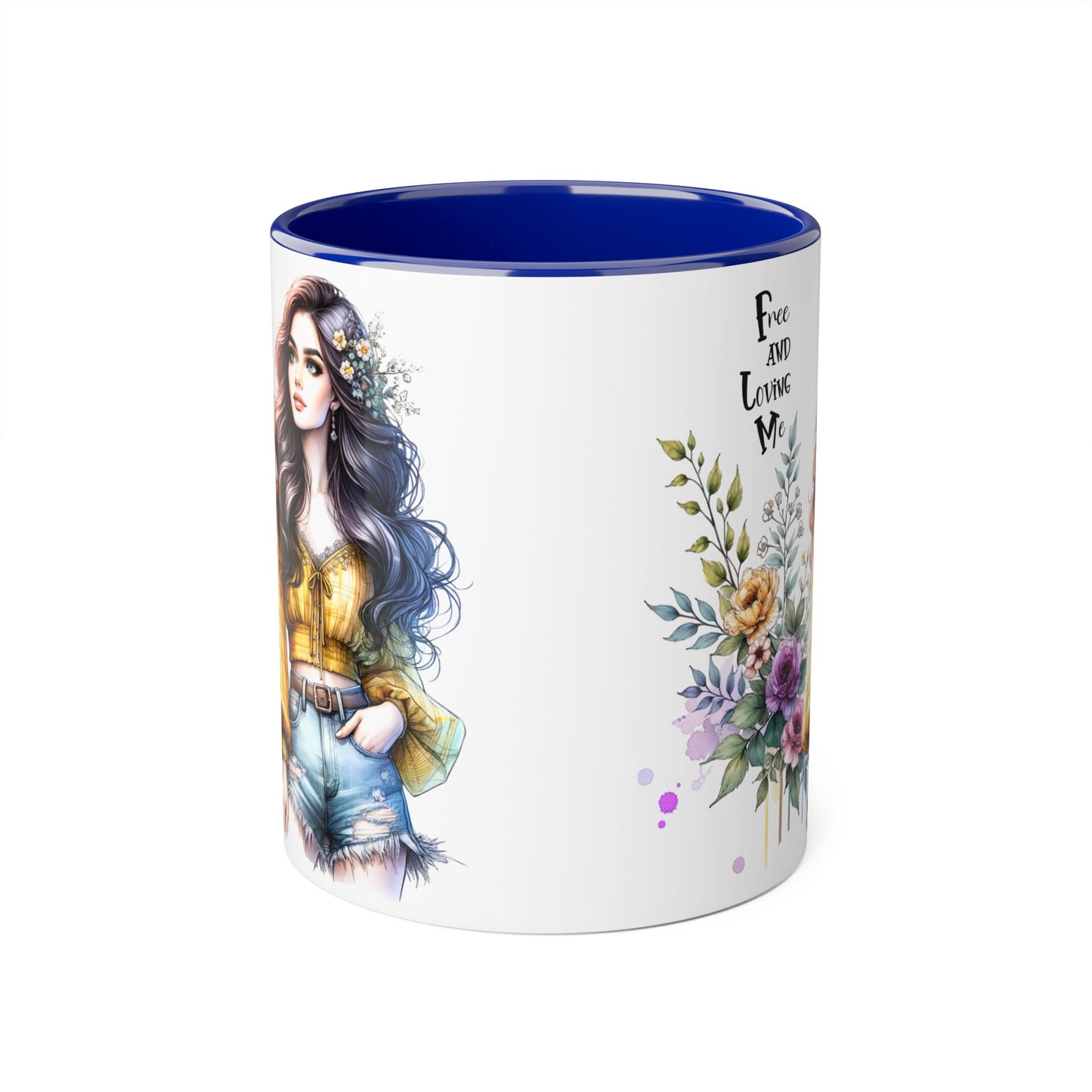 Bohemian Floral Accent Mug, Free and Loving Me Coffee Cup, Gift for Her, Unique Art Mug, Morning Beverage Lover's Gift