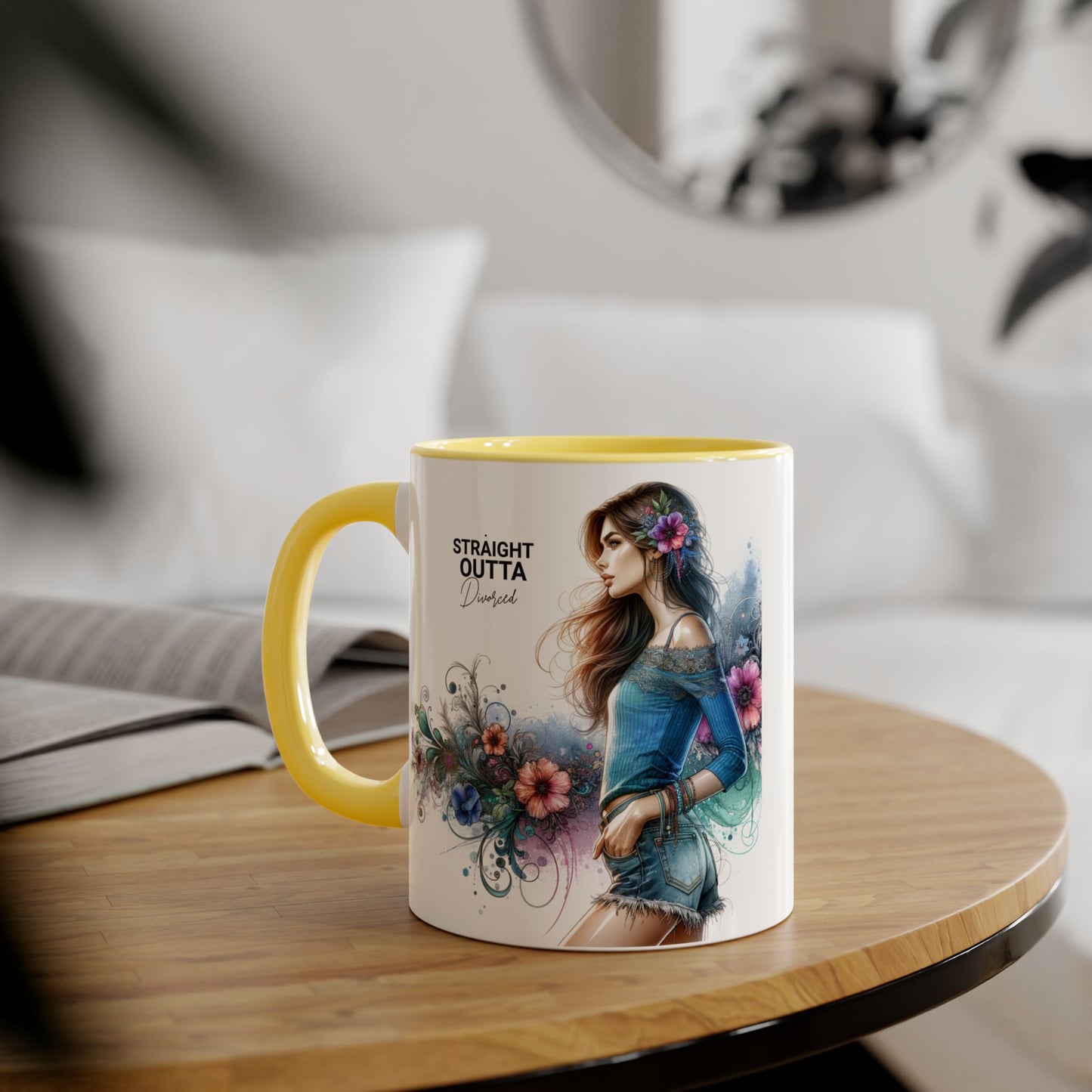 Straight Outta Divorced Humoristic Bohemian Accent Mugs with Floral Art – Trendy Coffee Cup, Gift for Friends, Decor, Home, Birthday, or Celebration