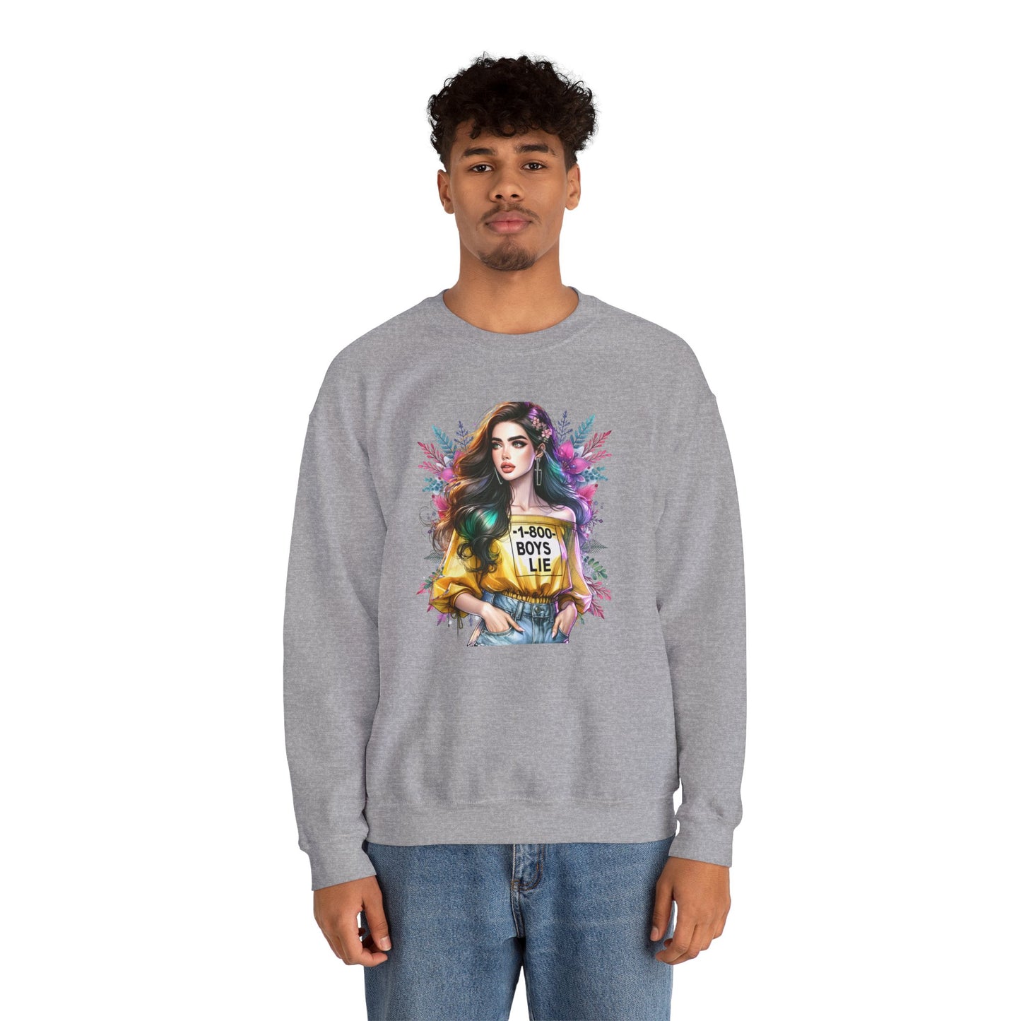 1-800-Boys-Lie Colorful Graphic Crewneck Sweatshirt - 'Boys Lie' Design, Unisex Sweatshirt, Trendy Gift, Casual Wear, Comfortable Outfit