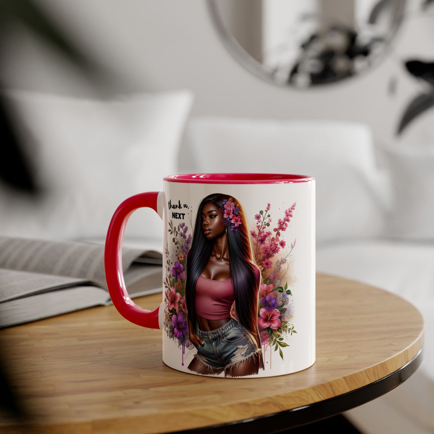 Thank U, Next Floral Accent Mug, Thank U Next Quote, Gift for Her, Coffee Cup, Unique Art, Black Handle Mug