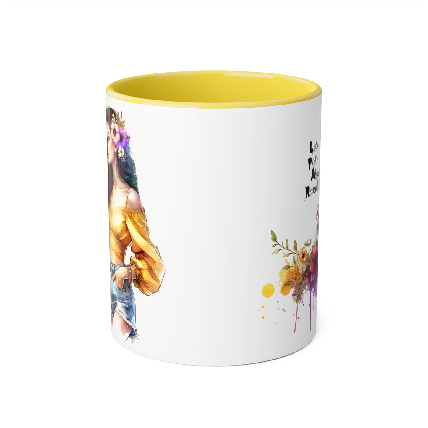 Colorful Floral Accent Mug, Love Pain Alone Repeat, Inspirational Coffee Cup, Gift for Friends, Art Lover Mug
