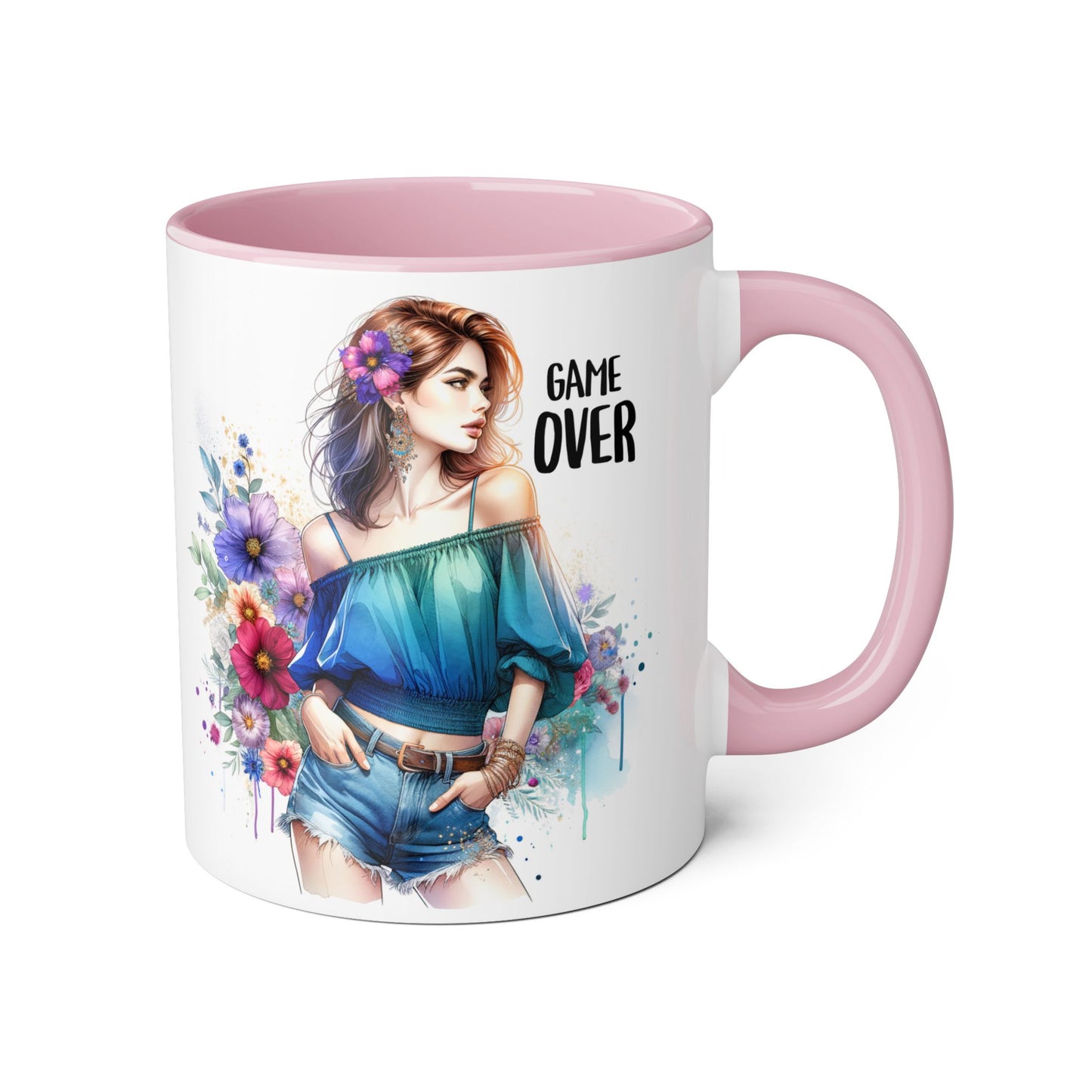 Vibrant Game Over Accent Mug - Floral Design, 11oz Coffee Cup, Unique Gift, for Gamers, Birthday or Everyday Use
