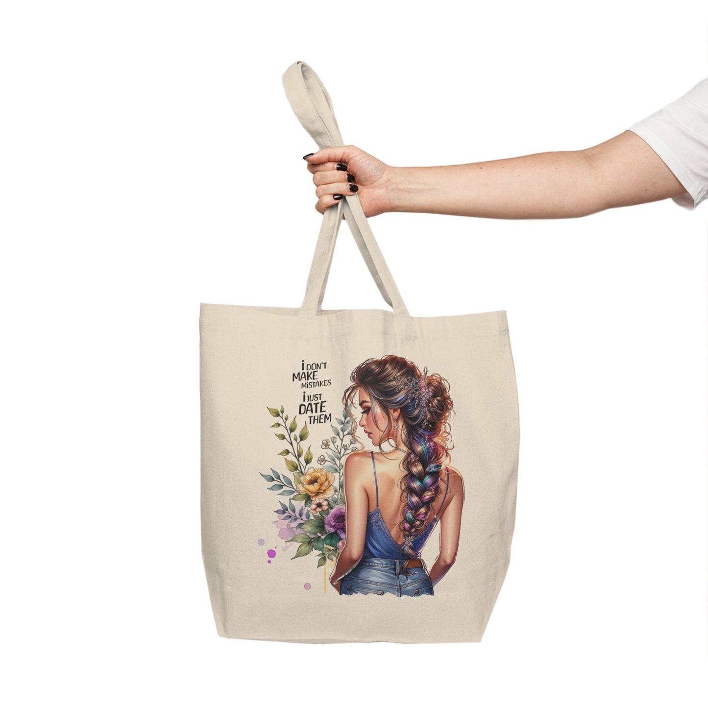 I Don`t Make Mistakes, I Just Date Them Beautiful Floral Canvas Shopping Tote, Stylish Grocery Bag, Eco-Friendly Tote, Gift for Her, Nature Lover Bag, Everyday Use
