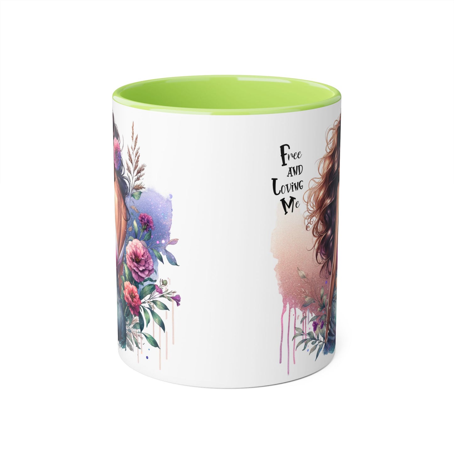 Free and Loving Me Boho Floral Accent Mug, 11oz Coffee Cup, Inspirational Mug for Women, Gift for Friends, Cozy Home Decor, Self-Love Reminder
