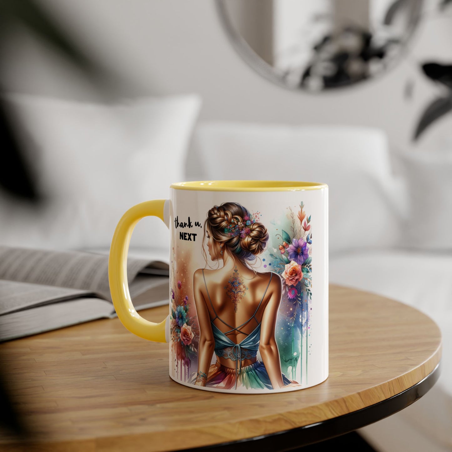 Thank U, Next Colorful Floral Accent Mug, Thank U Next Coffee Cup, Artistic Drinkware for Her, Unique Gift for Women, Motivational Mug, Birthday Gift