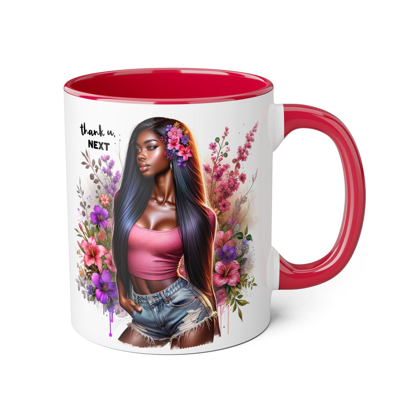 Thank U, Next Floral Accent Mug, Thank U Next Quote, Gift for Her, Coffee Cup, Unique Art, Black Handle Mug