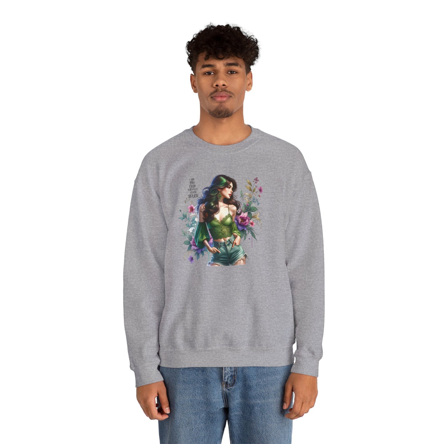 I Am My Own Happily Ever After Heroine Floral Sweatshirt | Unisex Cozy Crewneck, Gift for Her, Vintage Style, Plant Lover's Apparel, Superhero Inspired
