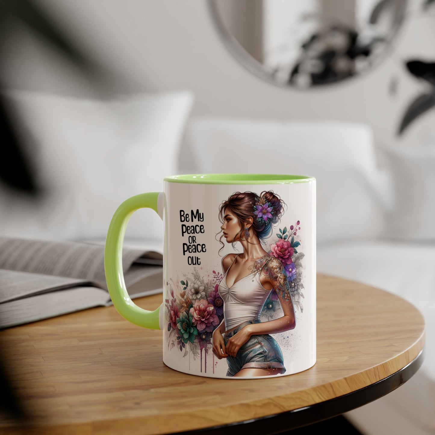 Be My Peace or Peace Out Bohemian Floral Accent Mug - Inspirational Coffee Cup, Gift for Her, Peaceful Vibes, Birthday Present, Home Decor, Artistic Drinkware